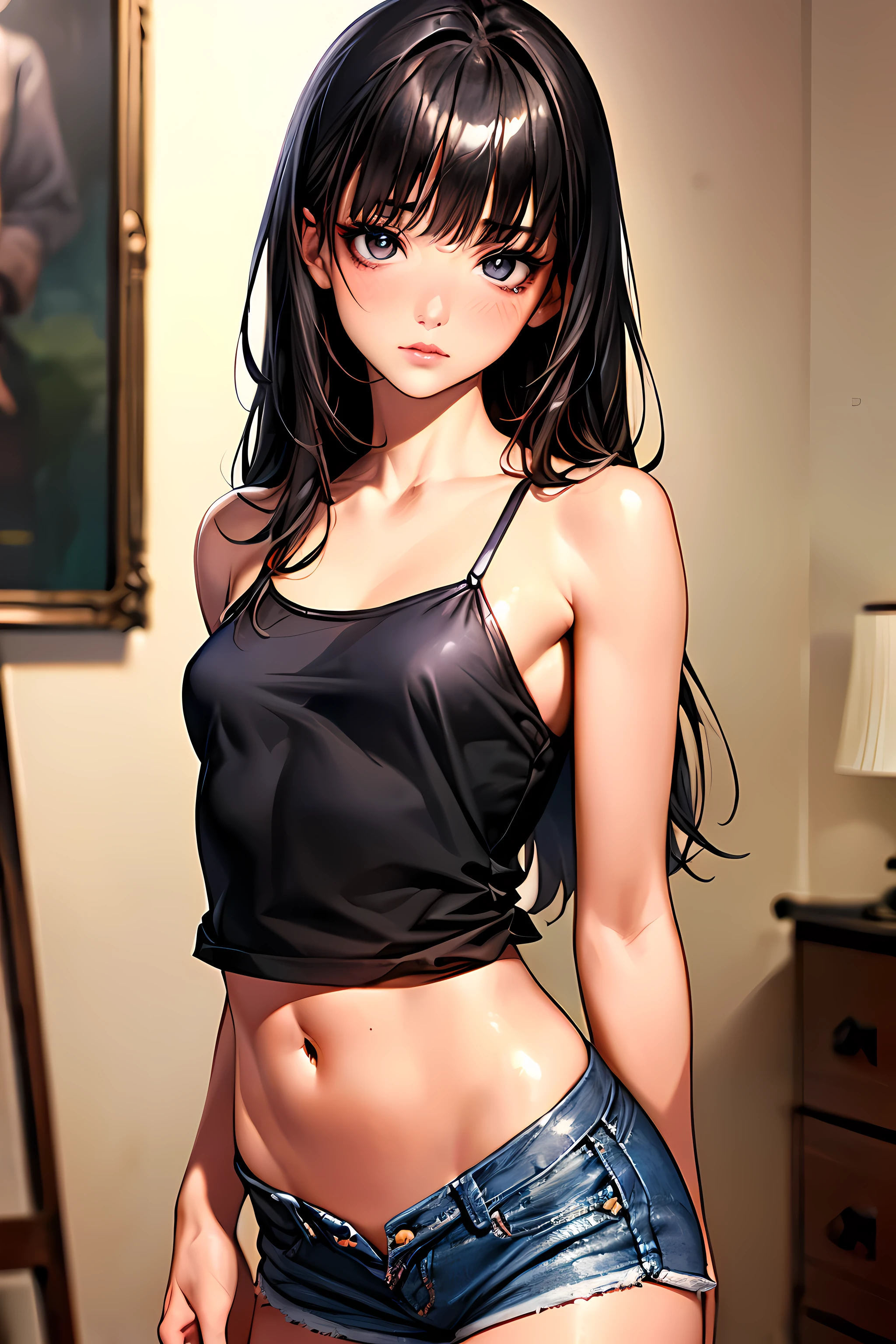 ((perfect anatomy:1.2,realistic:1.5,RAW Photography:1.5,masterpiece、highest quality、Ultra - High resolution、High resolution、Highly detailed CG、8K)),cowboy shot,1 female,solo、18 year old beauty,Japanese,((beautiful detailed face and eyes:1.3,big gorgeous eyes:1.3,black eyes)),black hair,long hair,straight hair,blunt bangs,blush,((medium breasts,slender body,small head:1.3,skinny)),(gleaming skin,oily skin:1.3,shiny skin),(white camisole,navel、Denim micro mini shorts),Simple bedroom、