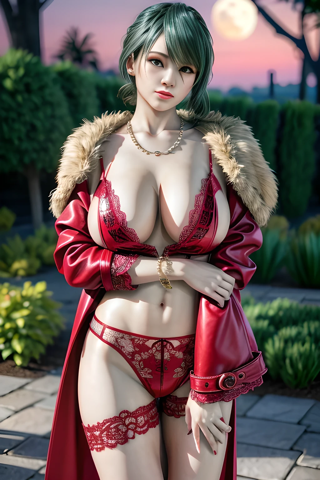 1 girl,lean over WINK, (Wearing Jewel:1.2) ,( red lace_coat),(Fluffs :1.2),(mother-of-pearl chain:1.4), garden,nighttime,moon,( huge breasts:1.1),cleavage,shiny skin,lip gloss,tattoos, masterpiece, best quality, realistic ,Surrealism,Rich artistic colors,natural colors art in 8k,3D,Portrait art,solo, tamaki