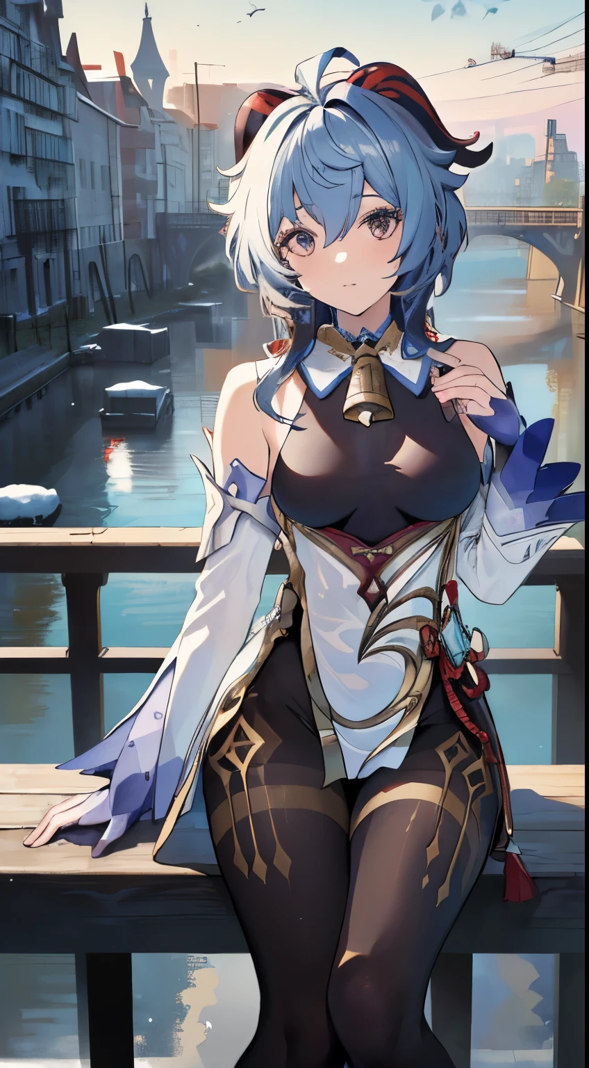 (best quality,highres,masterpiece:1.4),(ultra-detailed,realistic:1.37),ganyu (genshin impact) sitting on the railing of a bridge, with a fantastical background. She is wearing glossy 80-denier pantyhose and tights. Her bust is beautifully detailed. Snow falls in the background as she reaches out her hand to touch it.