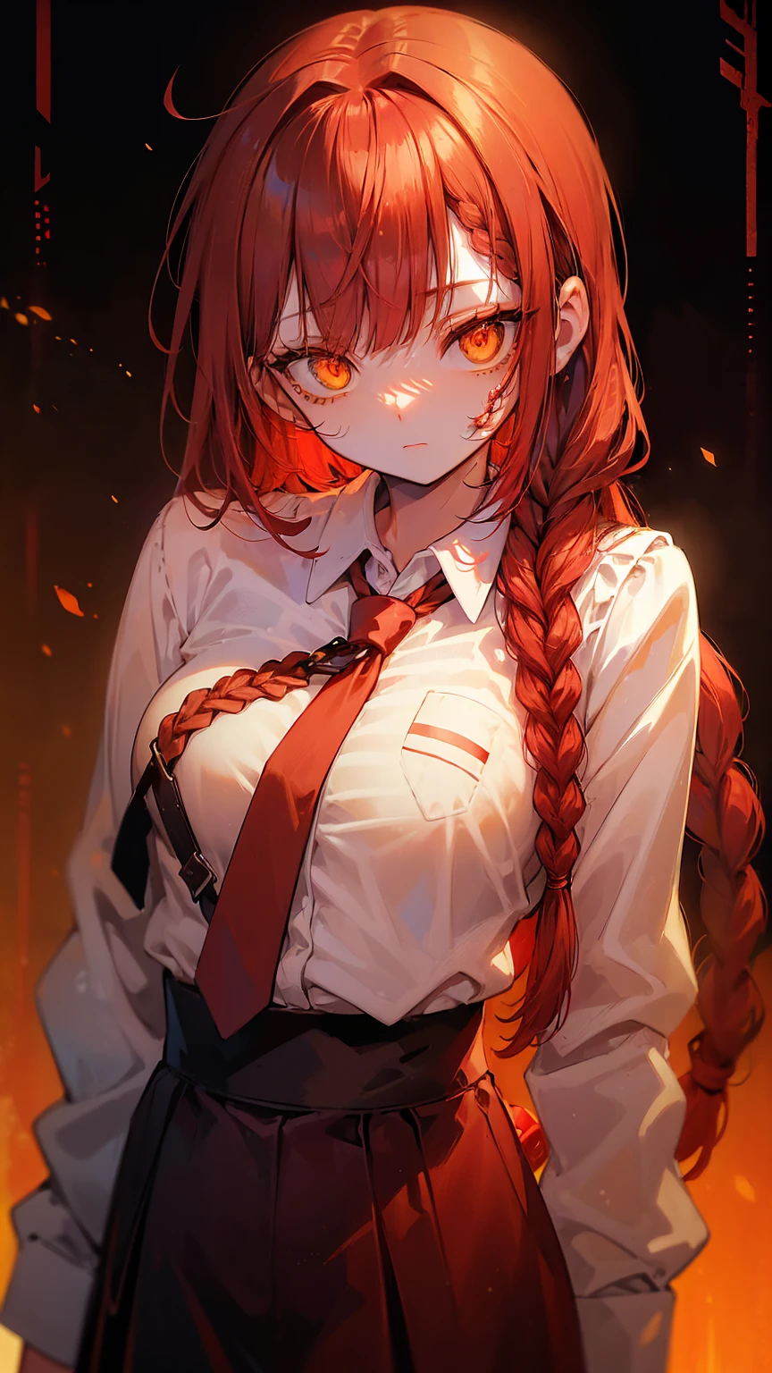 masterpiece, (photorealistic:1.4), best quality, beautiful lighting,
(ulzzang-6500:0.5), makima \(chainsaw man\), (red hair)+(long braided hair)+(bangs), yellow eyes, golden eyes, ((ringed eyes)), (white shirt), (necktie),
RAW photo, 8k uhd, film grain