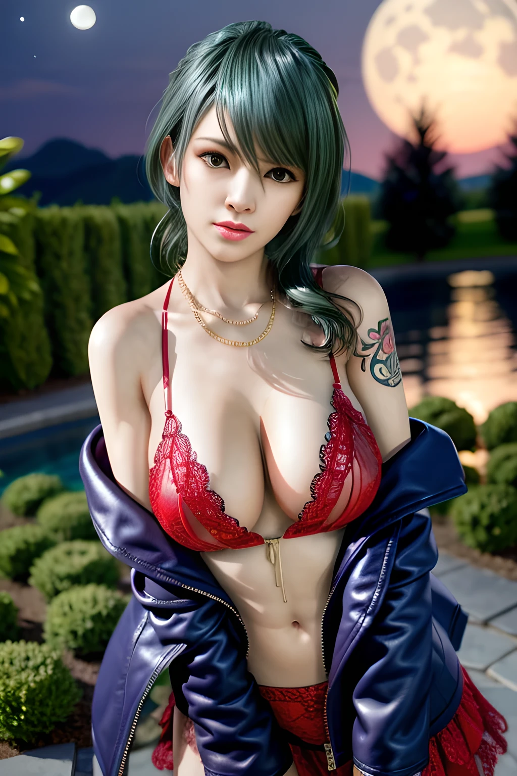 1 girl,lean over WINK, (Wearing Jewel:1.2) ,( red lace_coat),(Fluffs :1.2),(mother-of-pearl chain:1.4), garden,nighttime,moon,( huge breasts:1.1),cleavage,shiny skin,lip gloss,tattoos, masterpiece, best quality, realistic ,Surrealism,Rich artistic colors,natural colors art in 8k,3D,Portrait art,solo, tamaki