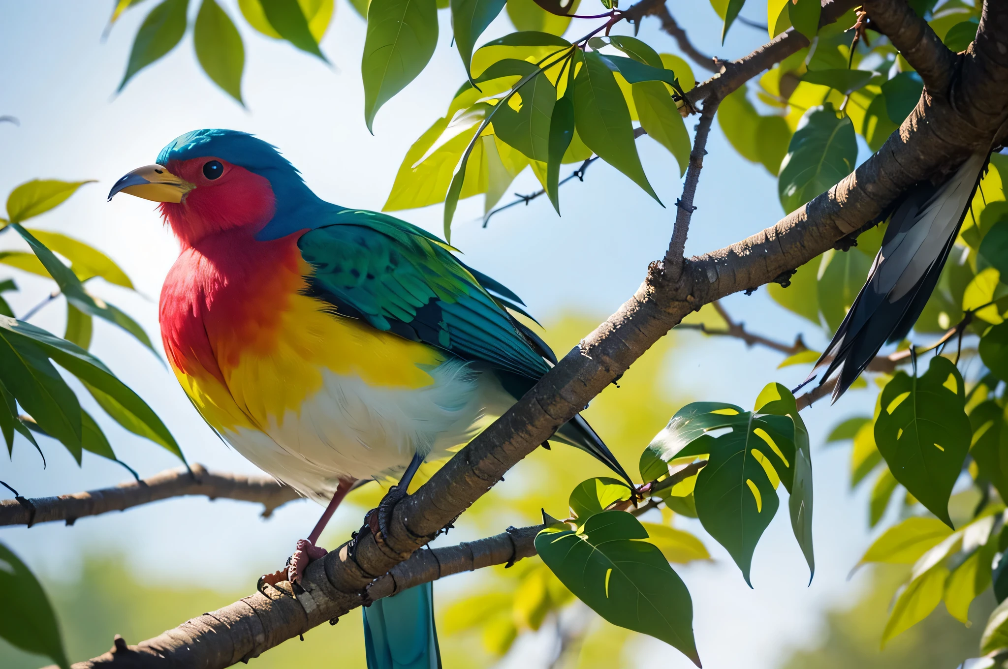 Colorful bird perched on a branch,The background is leaves, Charles Bird King (Charles Bird King) Inspiring numbers, shutter, Fantasy Art, Colorful 8k, Color HD pictures, Colorful bird, Beautiful and colorful, 4K Fine Digital Art, Vibrant true colors, Colorful feathers, Beautiful art UHD 4K, Painted in bright watercolor,long mouth, Head up, background leaf pile