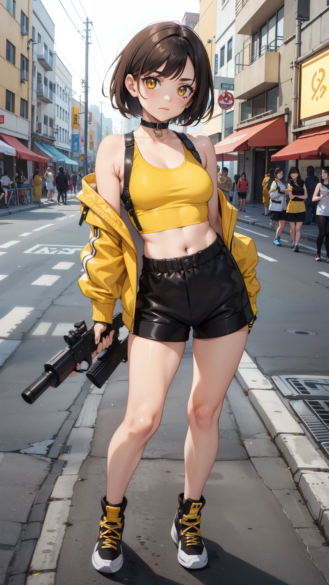 street dancer,  short hair, brown hair, yellow glowing eyes, perfect lips,  cute expression, cute face, cute pose, fingerless gloves, gun, tank top, jacket, cute pose, ultra detailed face, long eyelashes, sharp eyes , Fullbody shot, dinamic viewer, 