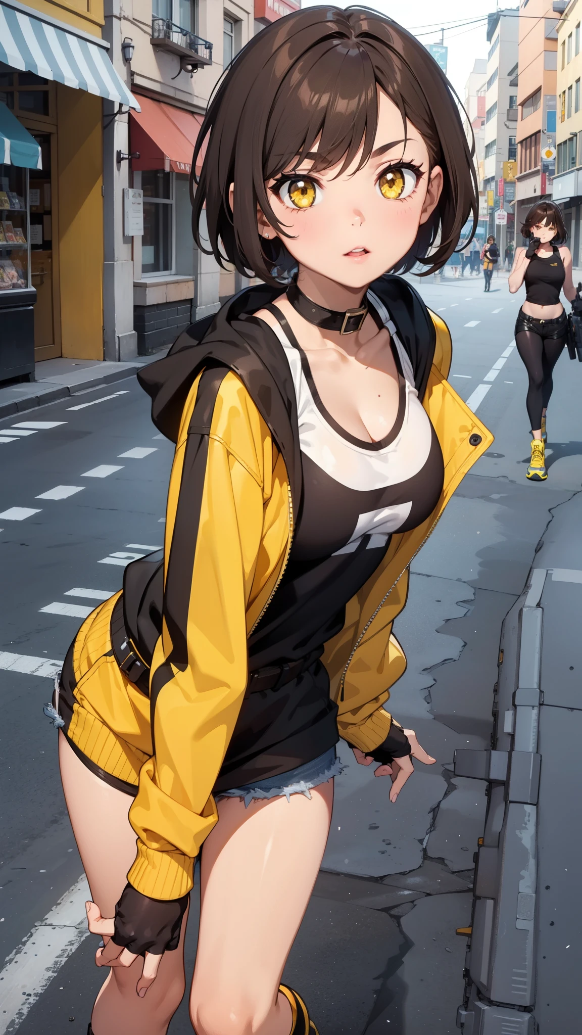 (((Masterpiece))), (((Best Quality))),Ultra High Resolution, Caustics, Detailed, (Beautiful Detailed Eyes),Perfect Anatomy,nsfw,20 year old beauty,slender body,oily skin, gleaming skin,shiny skin,medium breasts,blue eyes,sad, pondering, long hair, ponytail with two wisps front, yellow multi-colour hair, white hoodie, sexy bra、Denim Microshorts、bustling street、congestion, mini short jeans, yoja panties, exercising , looking down at the viewer.