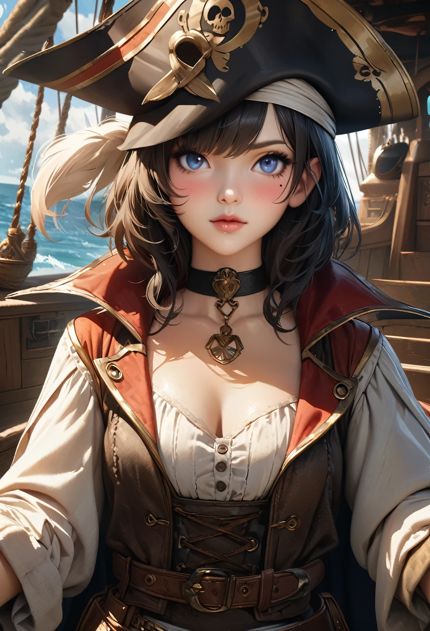 Littlemasterpiece, highest quality, Very detailed, High resolution, High resolution, High resolution, 4K, 8k, unity 8k wallpaper, Very detailed CG, masterpiece, Realistic, Beautiful details, depth, Fine texture, highest quality: 1.3, Total concentration, Perfect Skin, he, Very cute anime, Female pirate, Pirate costumes, pirate ship, whole body, Mole under the eye, sight, expensive, blush, Lips parted, heの芸術, blue eyes, choker