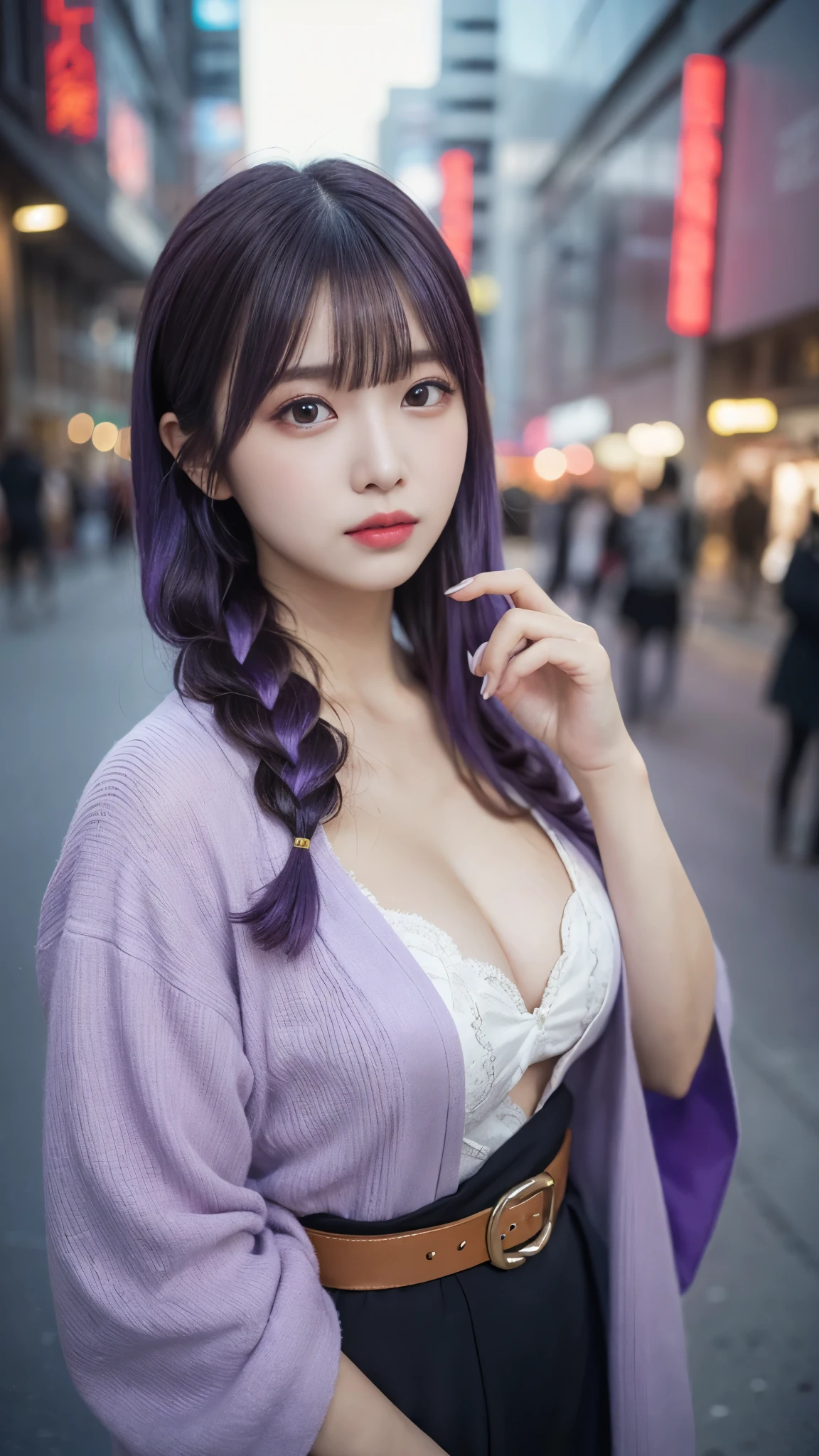 One girl, Blunt bangs, Braiding, Wide sleeves, hair ornaments, kimono, Red belt, (Purple Hair:1.2), Very long hair, Straight hair, View your viewers, Highly detailed background, (Photorealistic:1.2), Fine grain, Red eyeshadow, Depth of written boundary，thigh, (Ulzzang-6500:0.7), Upper Body, (alone:1.2), (Cyberpunk City:1.1), Cleavage, (Put your finger on your lips:1.1),Shiny skin