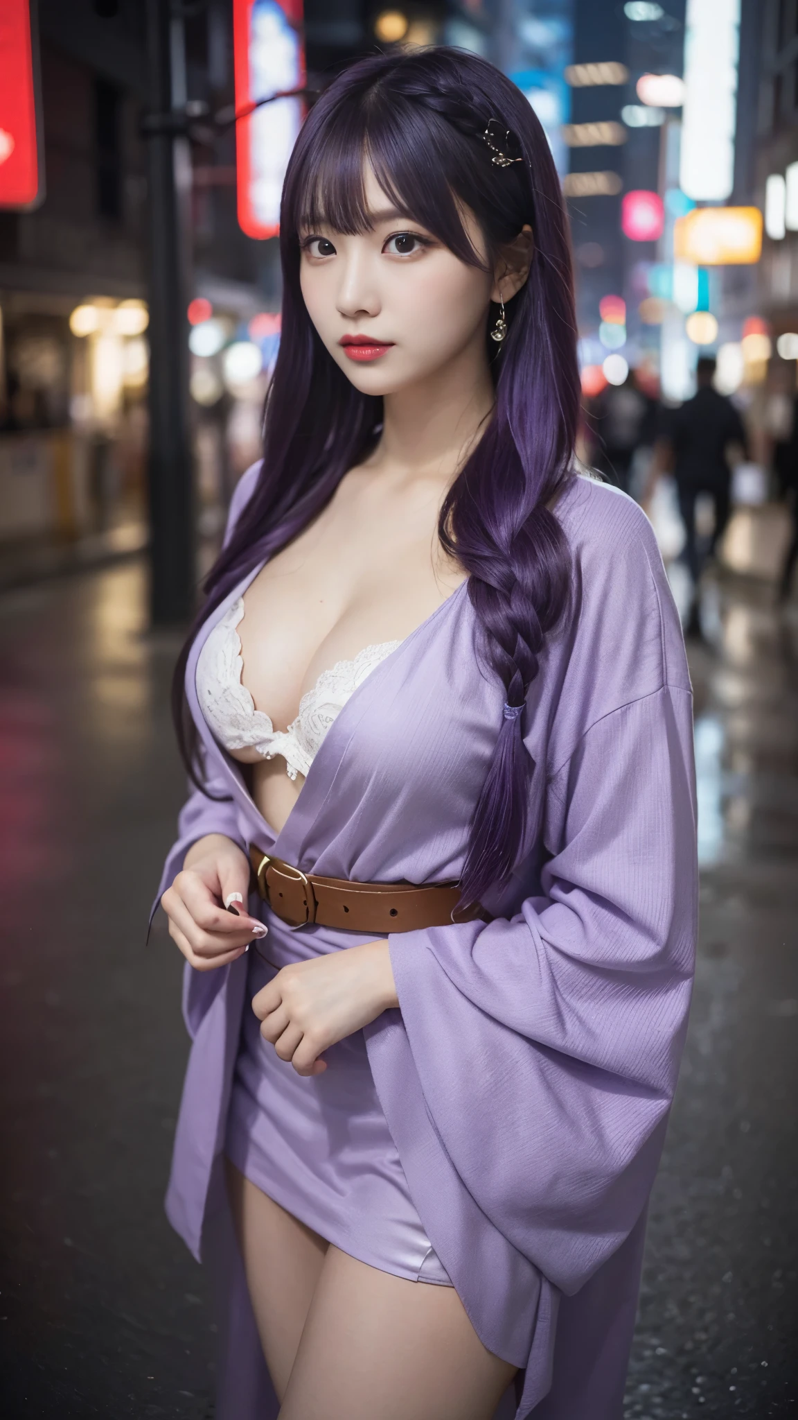 One girl, Blunt bangs, Braiding, Wide sleeves, hair ornaments, kimono, Red belt, (Purple Hair:1.2), Very long hair, Straight hair, View your viewers, Highly detailed background, (Photorealistic:1.2), Fine grain, Red eyeshadow, Depth of written boundary，thigh, (Ulzzang-6500:0.7), Upper Body, (alone:1.2), (Cyberpunk City:1.1), Cleavage, (Put your finger on your lips:1.1),Shiny skin