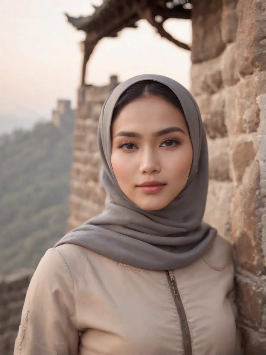 an Indonesian Javanese woman (25 years old, oval and clean face, hijab, thin body, Indonesian-style skin, wearing a thick winter jacket, jeans) standing posing like a model on the Great Wall of China, photo slightly tilted to the side, visible face, atmosphere night, minimal lighting, sunset light. ultra HD, real photo, very detailed, very sharp, 18mm lens, realistic, photography, leica camera
