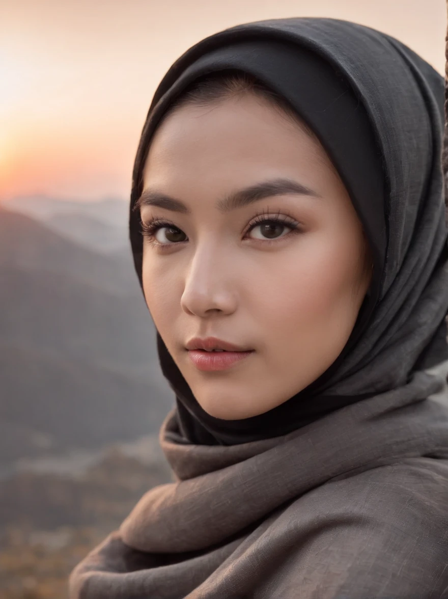 an Indonesian Javanese woman (25 years old, oval and clean face, hijab, thin body, Indonesian-style skin, wearing a thick winter jacket, jeans) standing posing like a model on the Great Wall of China, photo slightly tilted to the side, visible face, atmosphere night, minimal lighting, sunset light. ultra HD, real photo, very detailed, very sharp, 18mm lens, realistic, photography, leica camera