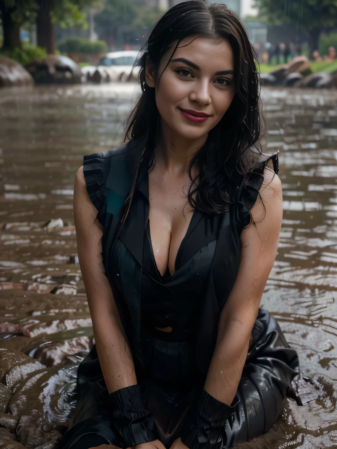 beautiful girl that looks like Bettie page, happy smiling, soaked, under an incredible rain, smile, updo, ponytail hair, red lipstick ,soaked black long maxi-skirt(black long maxi-skirt:1.2), (( long black satin gloves)),high boots, ((and a long completly soaked woolen vest )), flirting with the camera, hand bag on her shoulders, lying on the ground on the grass of central park durnig an incredible rain, no place to cover, happy aniway under this thunderstrom rainy day, rain, rain, rain, hit very hard by a bucket of water, (( falling in a big hole of mud))