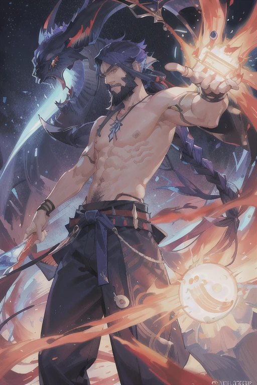 Susanoo,good looking,uncle,beard,Strong jaw,Long Hair,all back,Medium build,Ame-no-Murakumo-no-Tsurugi in his right hand,Magatama Necklace,looking at the camera