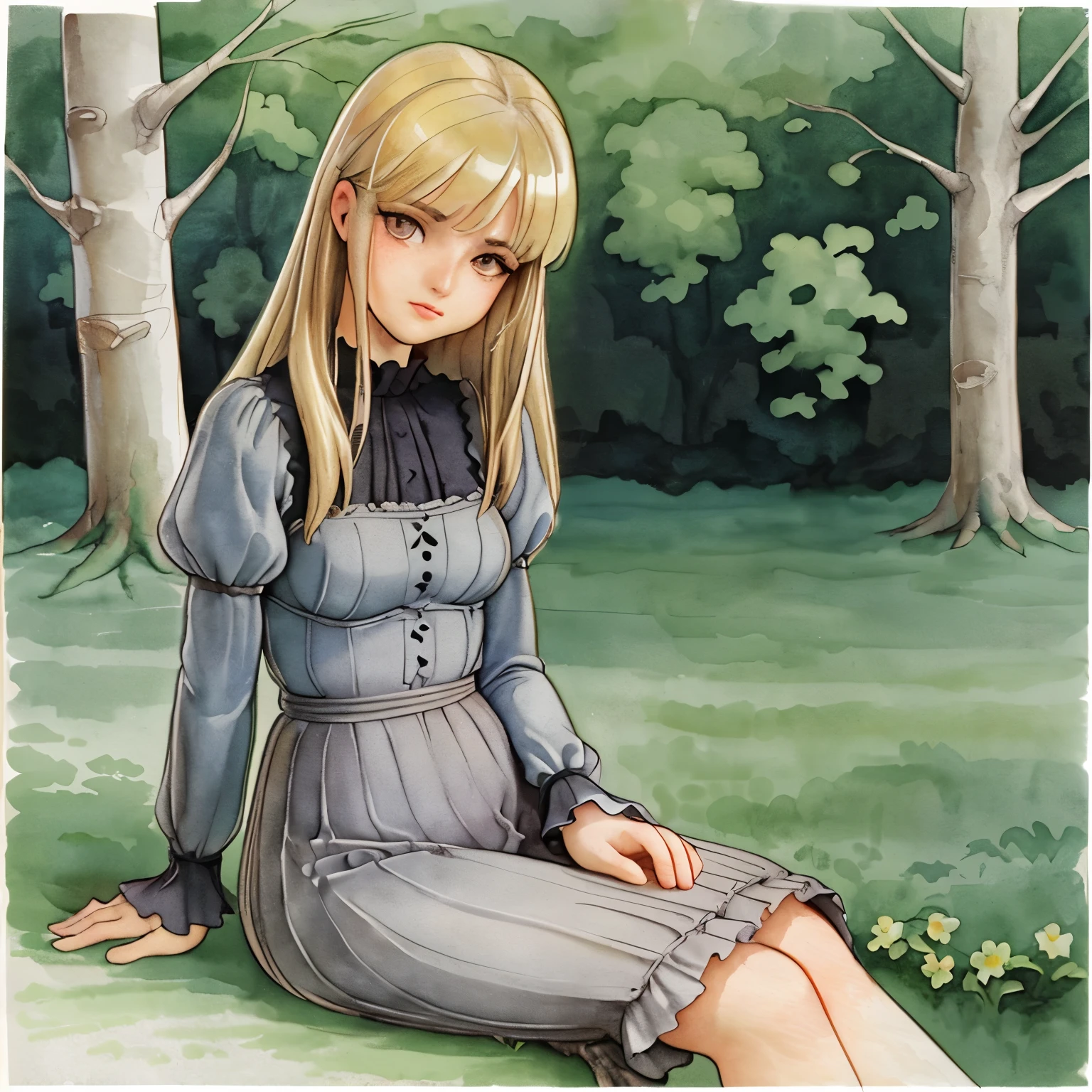 English watercolor, retro effect warm gray, ink, sketch blonde girl sitting in a field on a fallen birch beam, Mary Whyte Valentina Verlato John William Waterhouse, high detail, watercolor