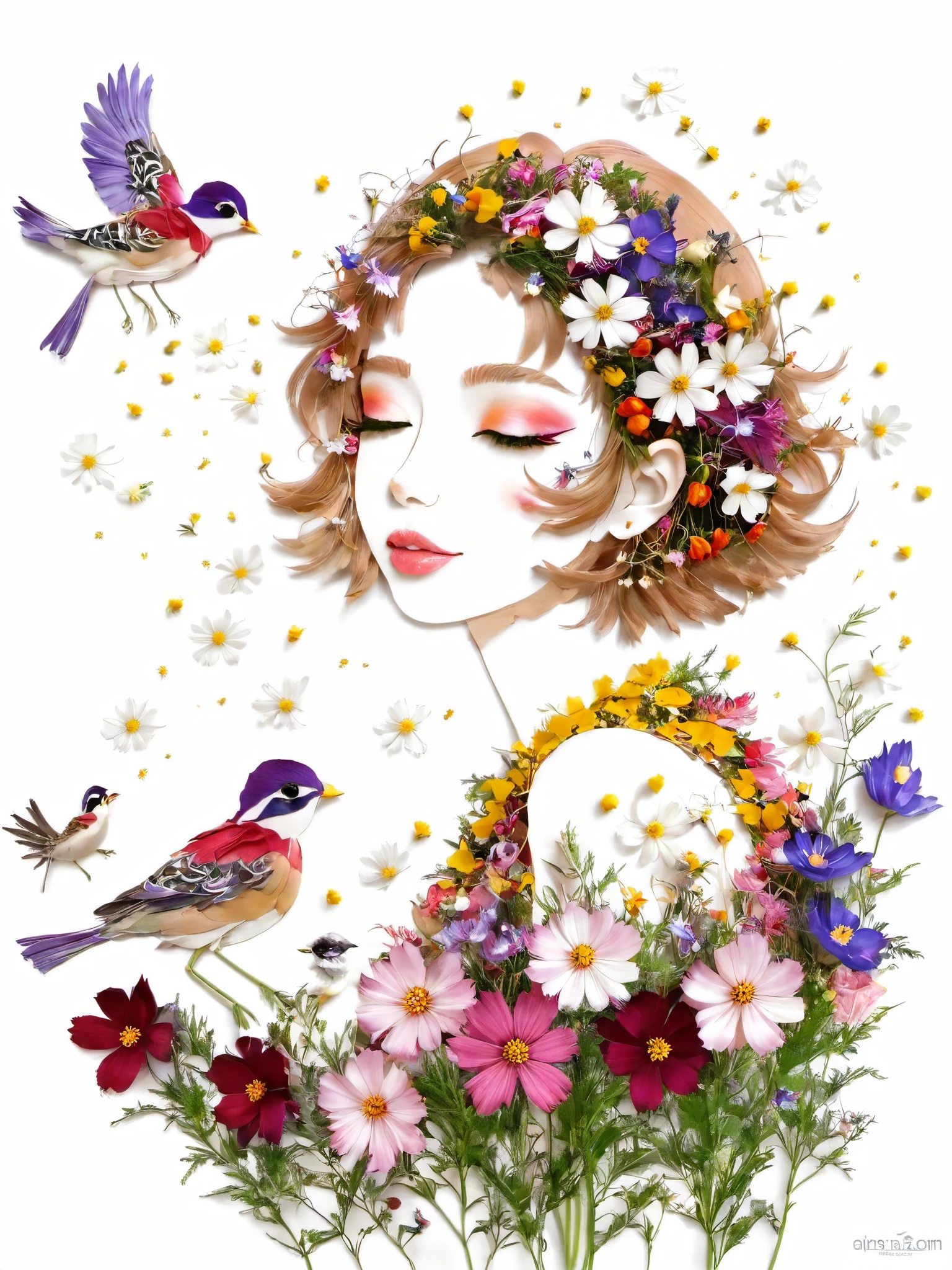 Fall Leaf Crafts, A girl made of flowers and birds, Cosmos flower、Small Birds、 Portraiture, White background、