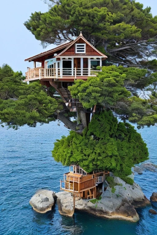 Perfection The Coolest tree house on a large rock in the middle of the sea with flowers in front of the house and trees on both sides of the house