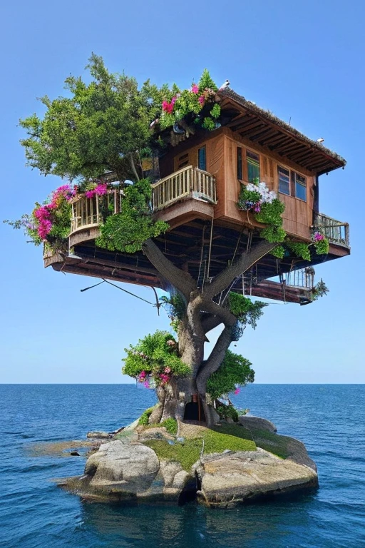 Perfection The Coolest tree house on a large rock in the middle of the sea with flowers in front of the house and trees on both sides of the house