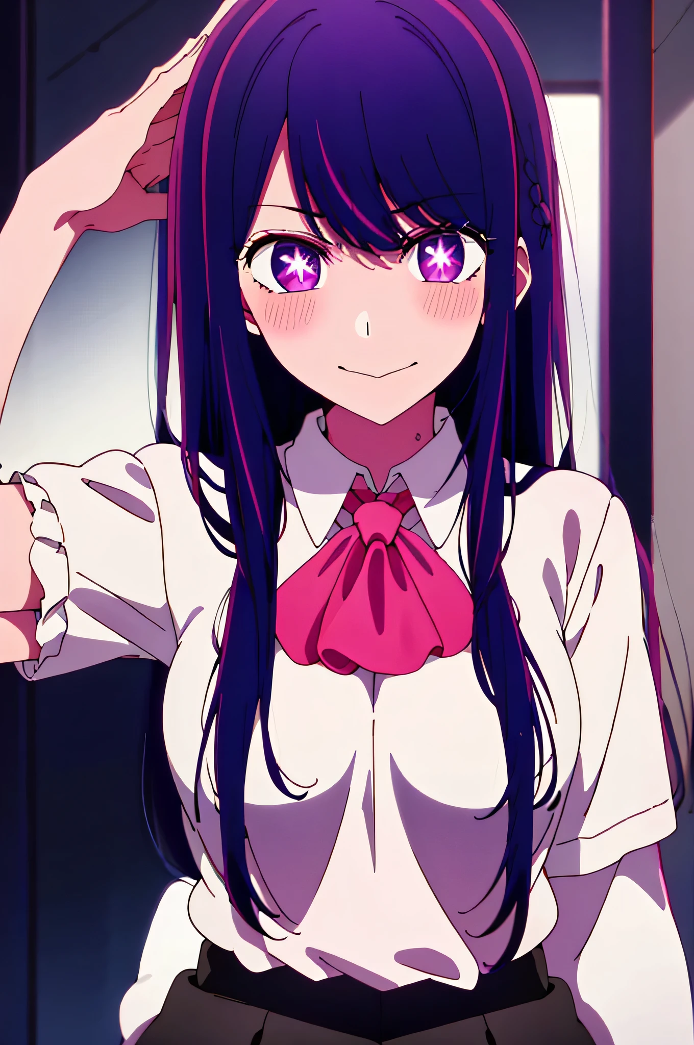 ((masterpiece)), (best quality), beautiful, extremely detailed face, perfect lighting,ultra-detailed,((expressionless)),((cold attitude)),((tsurime)),((tareme)),breasts,((Mature female)), short hair, smile, bangs, (big breasts:1.2), braid, purple color hair, braided ponytail, purple eyes, ringed eyes,
shirt, long sleeves, white shirt, necktie, collared shirt, pants, black pants, formal, suit, black necktie, shirt tucked in, office lady, full body