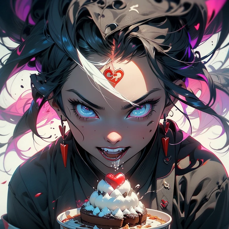 a close up of a cake with hearts on it, android jones and atey ghailan, art, onmyoji detailed art, anger + wrath, instagram story, creepy evil smile, epic visuals, inside stylized border, senior concept artist, connected to heart machines, kaneki ken, white and blood color scheme, chromatic distortion, mobile game asset