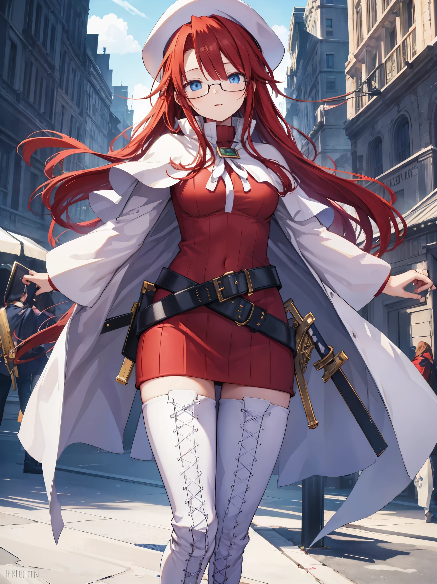 summonnightaty, aty, long hair, blue eyes, red hair, beret, hat, glasses,
BREAK long hair, thighhighs, hat, dress, boots, glasses, belt, cape, sweater, zettai ryouiki, beret, thigh boots, white footwear, ribbed sweater, loose belt,solo,
BREAK outdoors, fantasy,on_a_ship,
BREAK (masterpiece:1.2), best quality, high resolution, unity 8k wallpaper, (illustration:0.8), (beautiful detailed eyes:1.6), extremely detailed face, perfect lighting, extremely detailed CG, (perfect hands, perfect anatomy),covered_nipples,covered_navel,light_smile ,(half_eyes:1.4),long_sword,edge,armpit,sleepy,dynamic_standing,red_sweater,apart_legs,magical_effect,pulmp,big_tits,light_open_mouth,prepare_a_sword