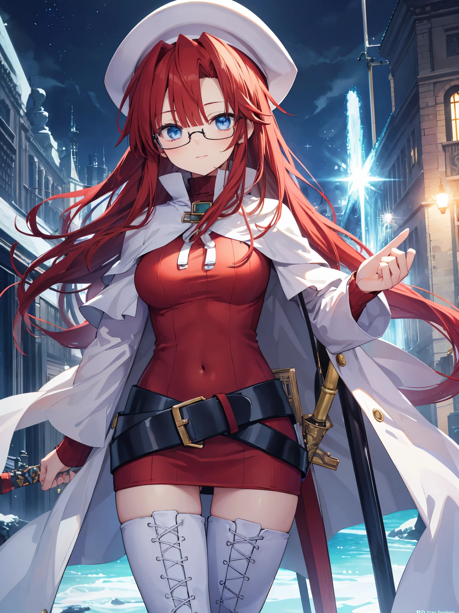 summonnightaty, aty, long hair, blue eyes, red hair, beret, hat, glasses,
BREAK long hair, thighhighs, hat, dress, boots, glasses, belt, cape, sweater, zettai ryouiki, beret, thigh boots, white footwear, ribbed sweater, loose belt,solo,
BREAK outdoors, fantasy,on_a_ship,
BREAK (masterpiece:1.2), best quality, high resolution, unity 8k wallpaper, (illustration:0.8), (beautiful detailed eyes:1.6), extremely detailed face, perfect lighting, extremely detailed CG, (perfect hands, perfect anatomy),covered_nipples,covered_navel,light_smile ,(half_eyes:1.4),long_sword,edge,armpit,sleepy,dynamic_standing,red_sweater,apart_legs,magical_effect,pulmp,big_tits,light_open_mouth,prepare_a_sword