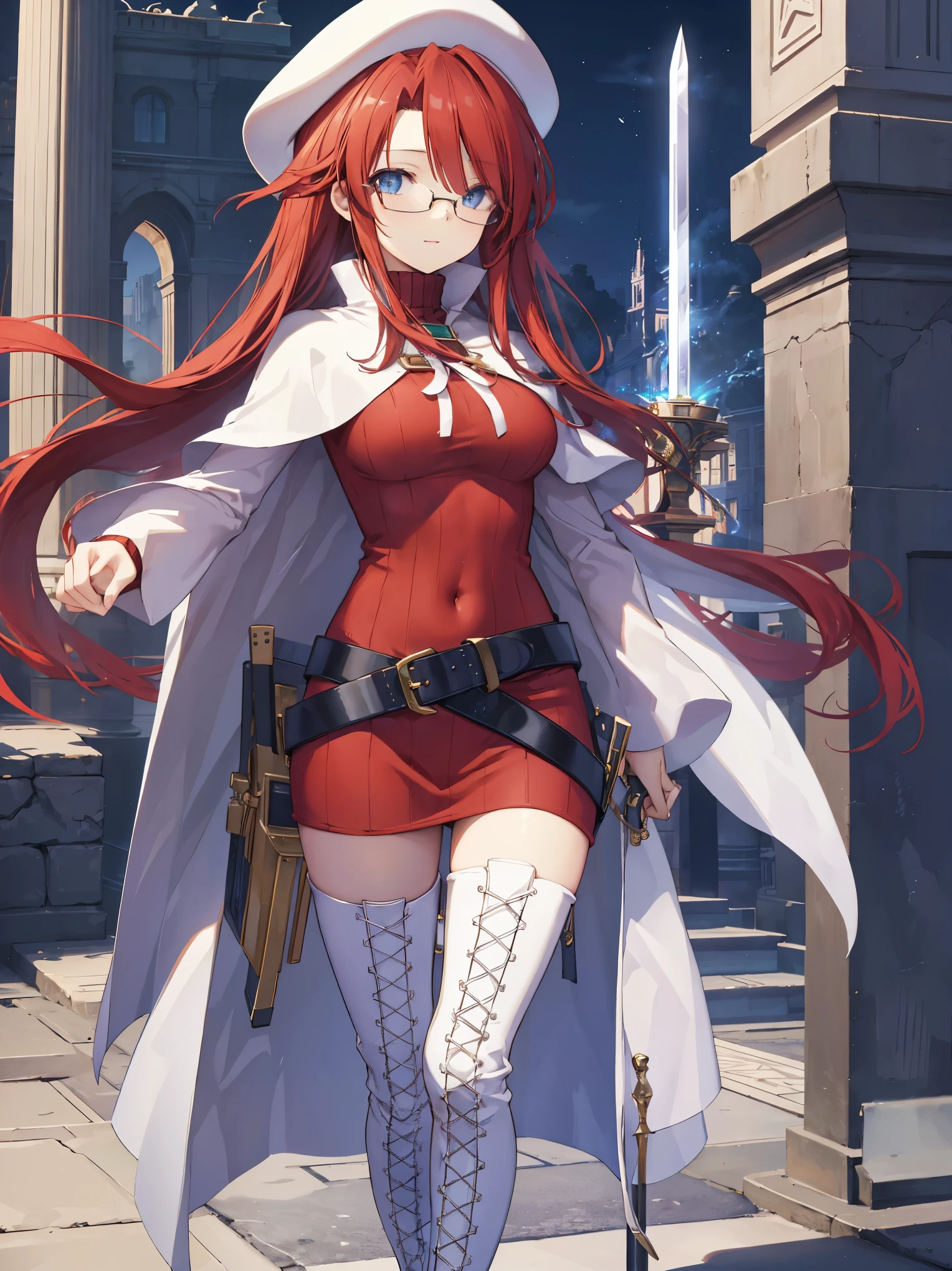 summonnightaty, aty, long hair, blue eyes, red hair, beret, hat, glasses,
BREAK long hair, thighhighs, hat, dress, boots, glasses, belt, cape, sweater, zettai ryouiki, beret, thigh boots, white footwear, ribbed sweater, loose belt,solo,
BREAK outdoors, fantasy,on_a_ship,
BREAK (masterpiece:1.2), best quality, high resolution, unity 8k wallpaper, (illustration:0.8), (beautiful detailed eyes:1.6), extremely detailed face, perfect lighting, extremely detailed CG, (perfect hands, perfect anatomy),covered_nipples,covered_navel,light_smile ,(half_eyes:1.4),long_sword,edge,armpit,sleepy,dynamic_standing,red_sweater,apart_legs,magical_effect,pulmp,big_tits,light_open_mouth,prepare_a_sword