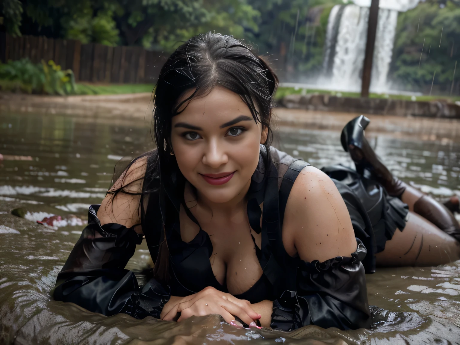 beautiful girl that looks like Bettie page, happy smiling, soaked, under an incredible rain, smile, updo, ponytail hair, red lipstick ,soaked black long maxi-skirt(black long maxi-skirt:1.2), (( long black satin gloves)),high boots, ((and a long completly soaked woolen vest )), flirting with the camera, hand bag on her shoulders, lying on the ground on the grass of central park durnig an incredible rain, no place to cover, happy aniway under this thunderstrom rainy day, rain, rain, rain, hit very hard by a bucket of water, (( swimming a big hole of mud))