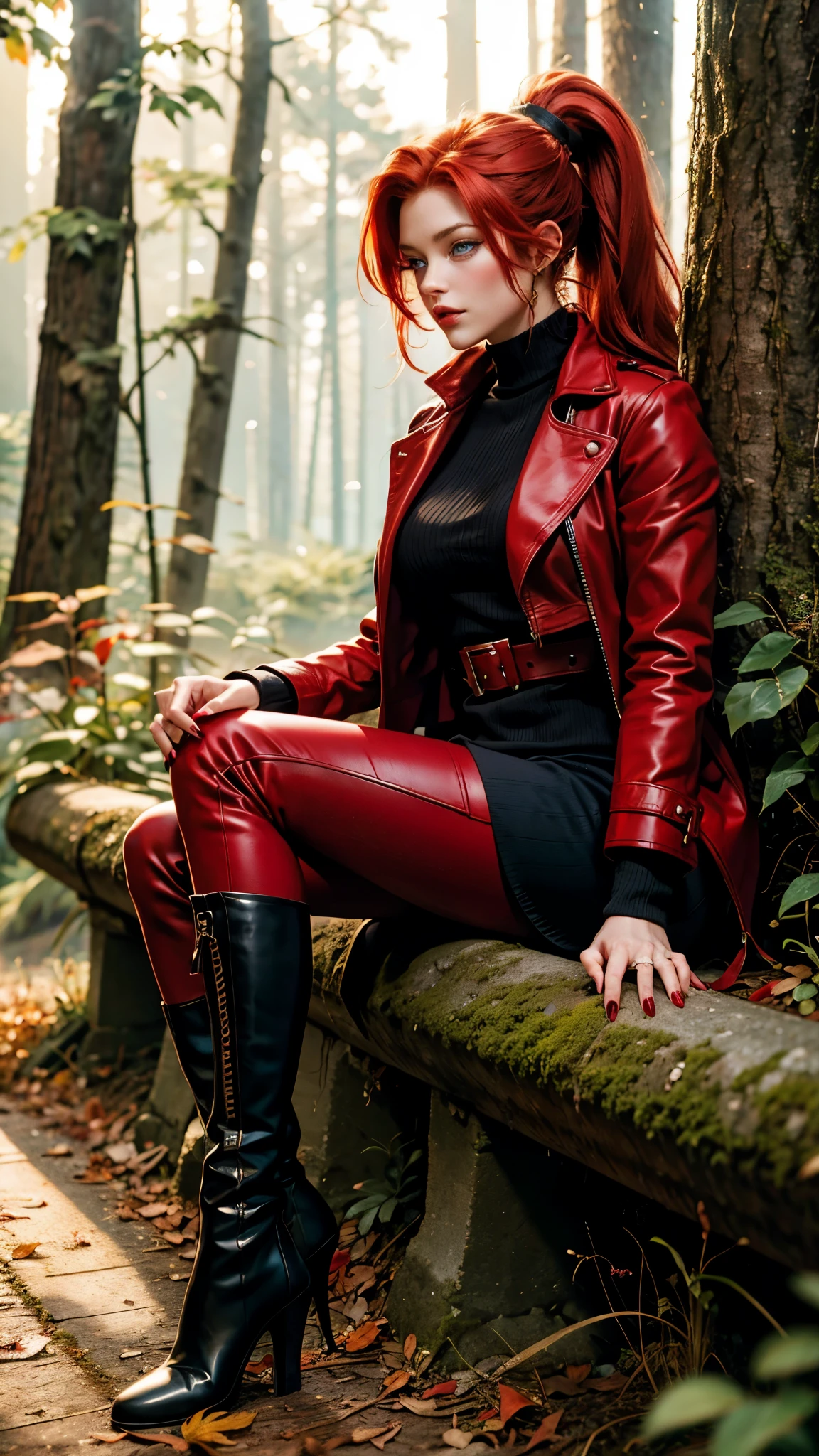 A beautiful redhead with a ponytail, in elegant black boots, elegant, beautiful female red coat, red painted nails, blue eyes, Beautiful woman, Forest, 4k
