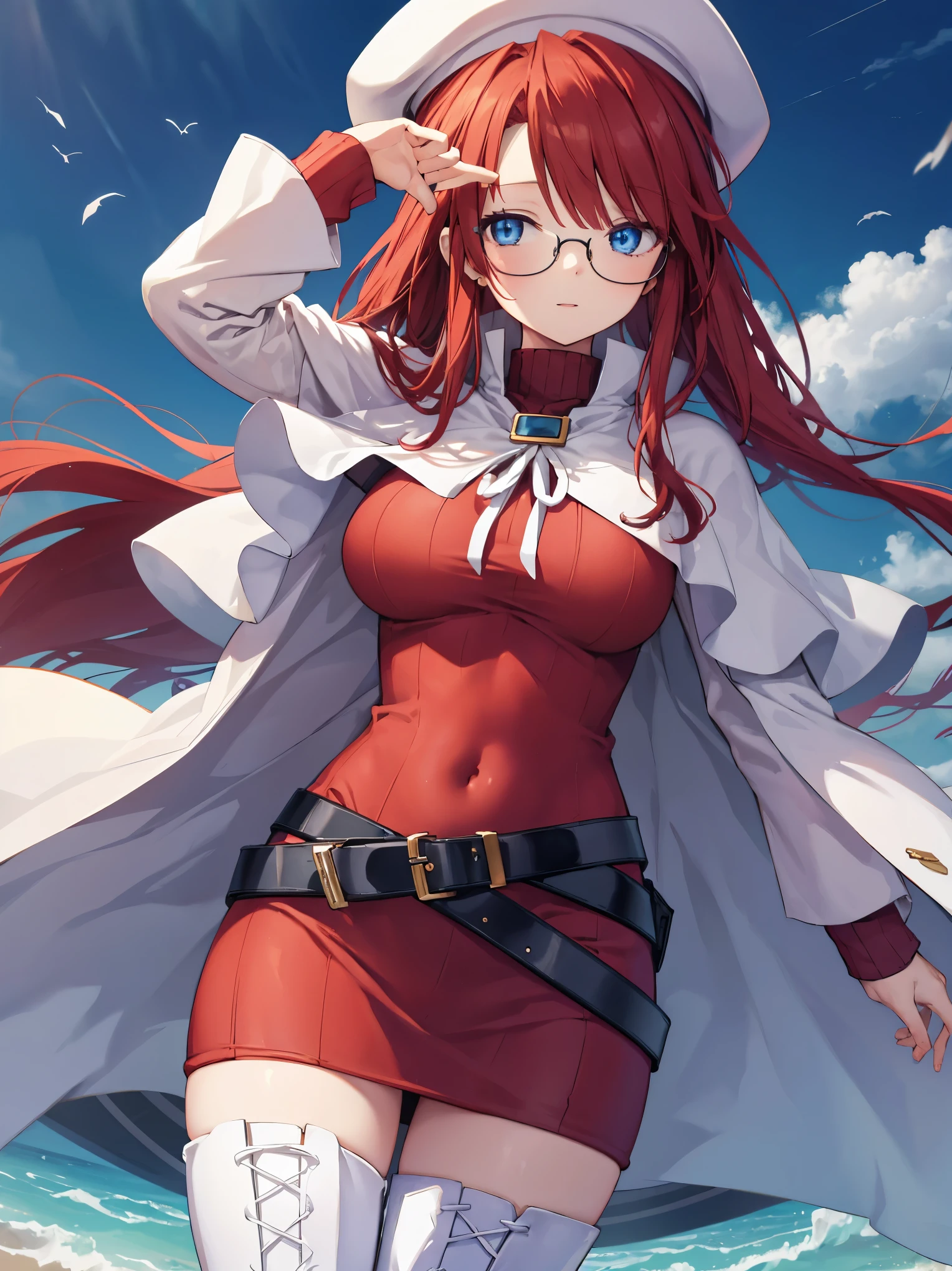 summonnightaty, aty, long hair, blue eyes, red hair, beret, hat, glasses,
BREAK long hair, thighhighs, hat, dress, boots, glasses, belt, cape, sweater, zettai ryouiki, beret, thigh boots, white footwear, ribbed sweater, loose belt,solo,
BREAK outdoors, fantasy,on_a_ship,
BREAK (masterpiece:1.2), best quality, high resolution, unity 8k wallpaper, (illustration:0.8), (beautiful detailed eyes:1.6), extremely detailed face, perfect lighting, extremely detailed CG, (perfect hands, perfect anatomy),covered_nipples,covered_navel,light_smile ,(half_eyes:1.4),long_sword,edge,armpit,sleepy,dynamic_standing,red_sweater,apart_legs,magical_effect,pulmp,big_tits,light_open_mouth,prepare_a_sword