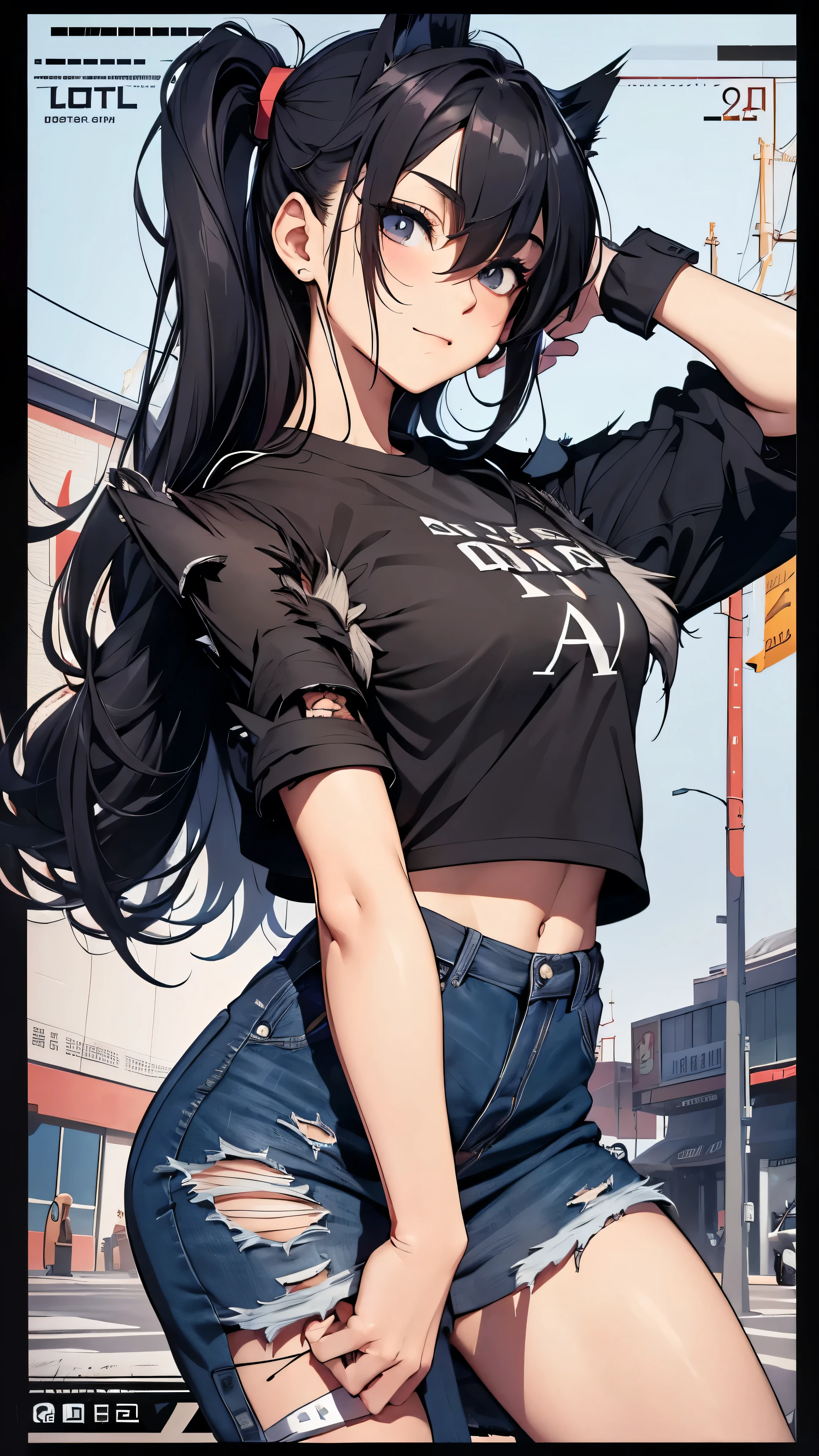 最high quality、Best image quality、masterpiece、age girl((18 years old、 by becoming、vest bust、medium bust,Big chest tea、black eyes, black hair、long hair、thin,highest valley、Tattered black t-shirt(2:3)、cute smile,damaged pants(2:3)、perforated gloves、knee support、bubble gum)),high quality、beautiful art、background((cyber gym)),debris flying、writing border depth、、visual art、perfect art、8k,real