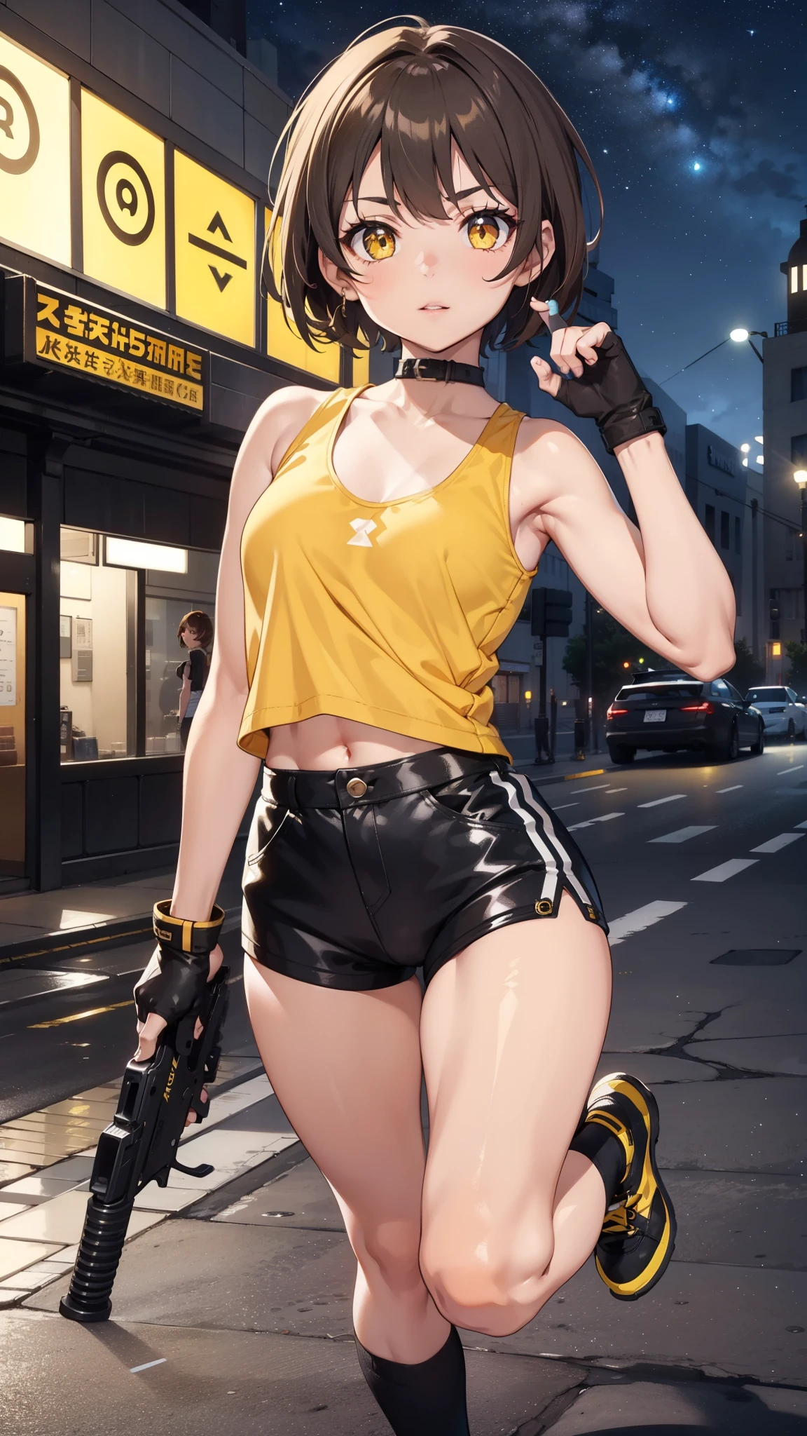 elesa, yellow short hair, black leggings, yellow suspender bikini, black tank top