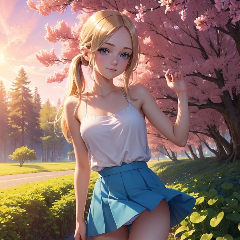 (masterpiece, best quality:1.4), (8K), Young blonde beauty, (((18 years old, neat girl))), detailed blue eyes, long eyelashes, blush, kind smile, horny, upper body, topless, small ass, slender thin legs, vagina, pink skirt, (looking at viewer), beautiful blonde hair, white-skinned, bangs, pigtails (medium size breasts), (mushroom forest, celestial forest, beautiful and magnificent pink sunshine, majestic sky), natural light, pastel colors)