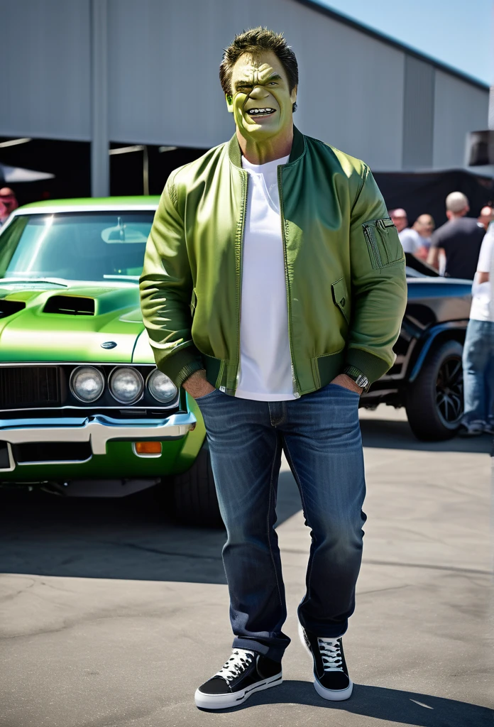 a Satire Photorealistic Picture of Mark Roffalo as Hulk donning Casual Outfit, a bomber jacket, t-Shirts, jeans and sneakers hosting a hilarious Car Show Program Top Gear, insanely detailed and intricate carshow studio properties, detailed and perfect face, masterpiece professional cinematic photo soot