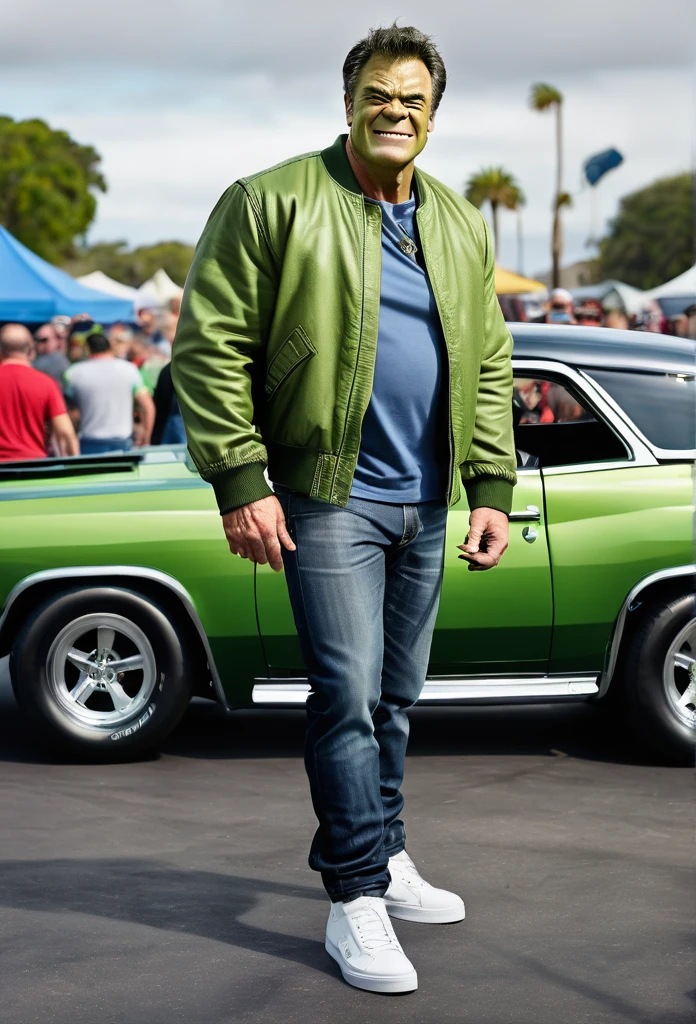 a Satire Photorealistic Picture of Mark Roffalo as Hulk donning Casual Outfit, a bomber jacket, t-Shirts, jeans and sneakers hosting a hilarious Car Show Program Top Gear, insanely detailed and intricate carshow studio properties, detailed and perfect face, masterpiece professional cinematic photo soot