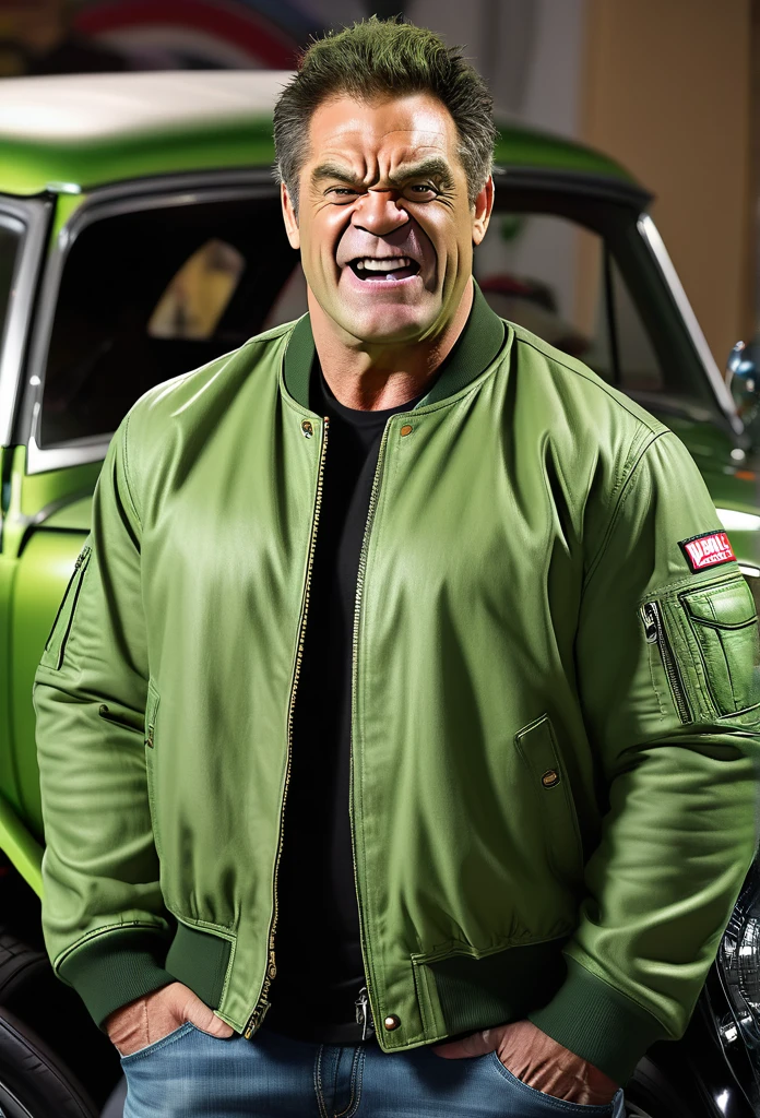 a Satire Photorealistic Picture of Mark Roffalo as Hulk donning Casual Outfit, a bomber jacket, t-Shirts, jeans and sneakers hosting a hilarious Car Show Program Top Gear, insanely detailed and intricate carshow studio properties, detailed and perfect face, masterpiece professional cinematic photo soot