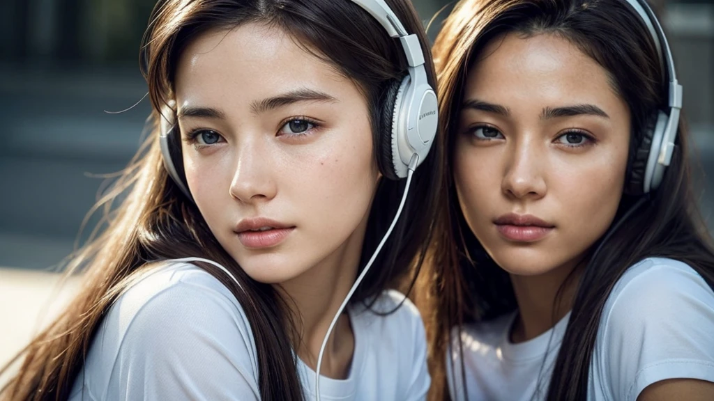 dressed, (photo realistic:1.4), (hyper realistic:1.4), (realistic:1.3), (smoother lighting:1.05), (increase cinematic lighting quality:0.9), 32K, 1girl,20yo girl, realistic lighting, backlighting, light on the face, ray trace, (brightening light:1.2), (Increase quality:1.4), (best quality real texture skin:1.4), finely detailed eyes, finely detailed happy face, finely quality eyes, (tired and sleepy and satisfied:0.0), face closeup, t-shirts with headphones, (Increase body line mood:1.1), (Increase skin texture beauty:1.1)