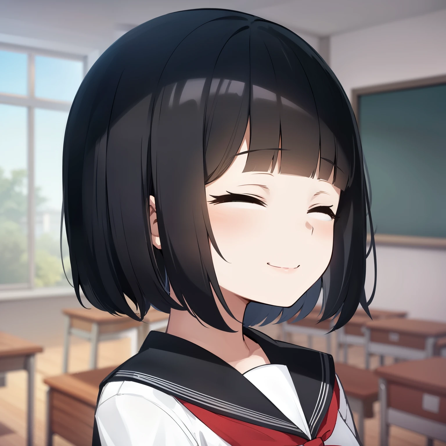 high quality, masterpiece. closed eyes. smile. short dark hair. . against the backdrop of a school classroom. Desks. green board. window.