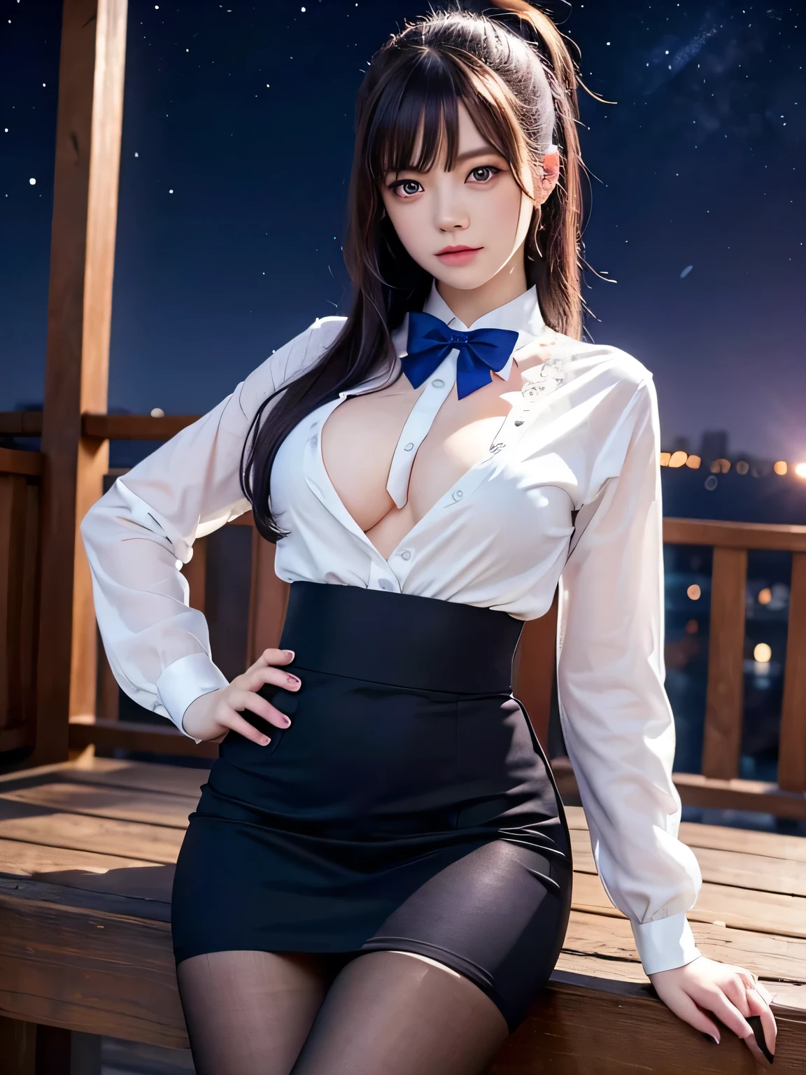 best quality, masterpiece,, Illustration, Wallpaper,1girl, solo, Emma stone, white shirt, black skirt, light  hair, semi-long hair, beautiful detailed girl, extremely detailed eyes and face, beautiful detailed eyes, shy, natural_lighting, glow,nsfw, clean sky, looking at viewer, outdoors, night sky, star (sky), loafers, black pantyhose, blue bowtie, straight hair, purple petals, purple and blue flowers, red pupil, ponytail, blue ribbon,white hair, thick_thighs, large breasts, red eyes,