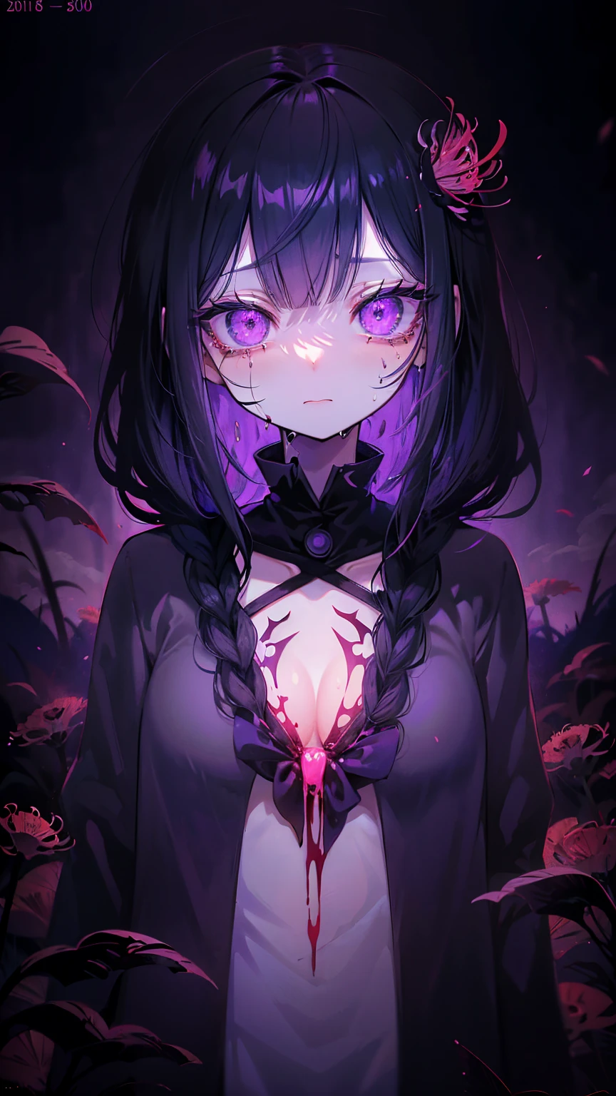 a closeup of big demonic eyes, compound eyes, Unique demon ghouls, Unusual pupils,Kaneki, Monochrome, Radioactive light, anime2018::1, neon::1, neon color::1,, Part 1.5, detaled face, ultra quality, Ultra Graphics, Flowering 1.0, l vampire, depression, ultra realistis, Anime IRL,Anime girl, Dark gothic Style, HDR, RTX, The body shatters , Detailed Face,soft-lighting, makoto sinkai,Digital Painting,looking up at the camera", 8K, big dreamy eyes,blurry, Smooth soft skin, Cloned face, Symmetrical, purple liquid, leaks from the eyes,anime art,photo, Face cracking , ......key: purple, blood from the eyes, Realistic, Realistic light, Realistic anime, realistic shadows, Liquid, depressive, Clouds, Sakura, spider lily , A detailed eye, eyes focus, Lashes, fluffy lower eyelashes:1.5, pale face, Very purple eyes, gloomy horror atmosphere, Scary picture, woods, mist, purple Liquid, flowing down from the trees, Dark atmosphere, The body shatters, braids, Sateen, blood on the ground, fire, eye closeup,The Better Generation, Ultra Generation, Generation 3000, 2048×2048......, Face detailing, Detailing clothes, Symmetrical balance, Tokyo Ghoul, death note, castlevania, l vampire, Kaneki, Anime 2020, Water and sky, black hair,Detailed hair, Tokyo Ghoul, death note, castlevania, Kaneki, l vampire, Depressive art, depression, ennui, Sadness, cry, pain, Black smoke, Black Energy, Tentacles, Kagune, bloods, blood on the face, A sea of blood, fetters, barbed wire, fire, Wide-angle camera, lots of fine detail, spider lily, Sakura, Sweet, Scalopendra, Black background, horror film, Hole in the case, Dead Inside, Dead Art, lying on the grass, Manga style, comic style, Multiple frames, The body is destroyed, Manga page, Eyes are everywhere, Lots of eyes in the background, Drawing of Ishida sui, art of Ishida sui, in the style of Ishida sui, Two people, in full growth, depressive posture, Spider flowers
