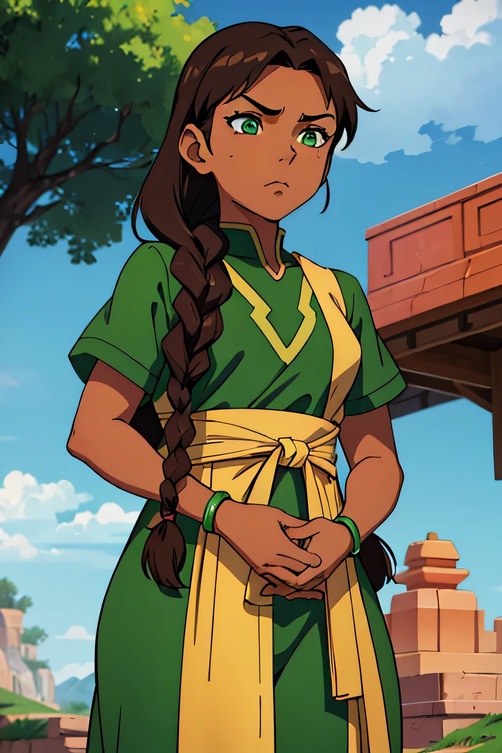 Earthbender human woman with tanned skin. She is a 16-year-old teenager with green eyes and green clothing. Her hair is long and brown in color; it is fastened in a large braid. Just one braid. She is beautiful and her skin is dark in color. Her skin is slightly dark. Earthbender. Tsundere face. Pink eye shading
