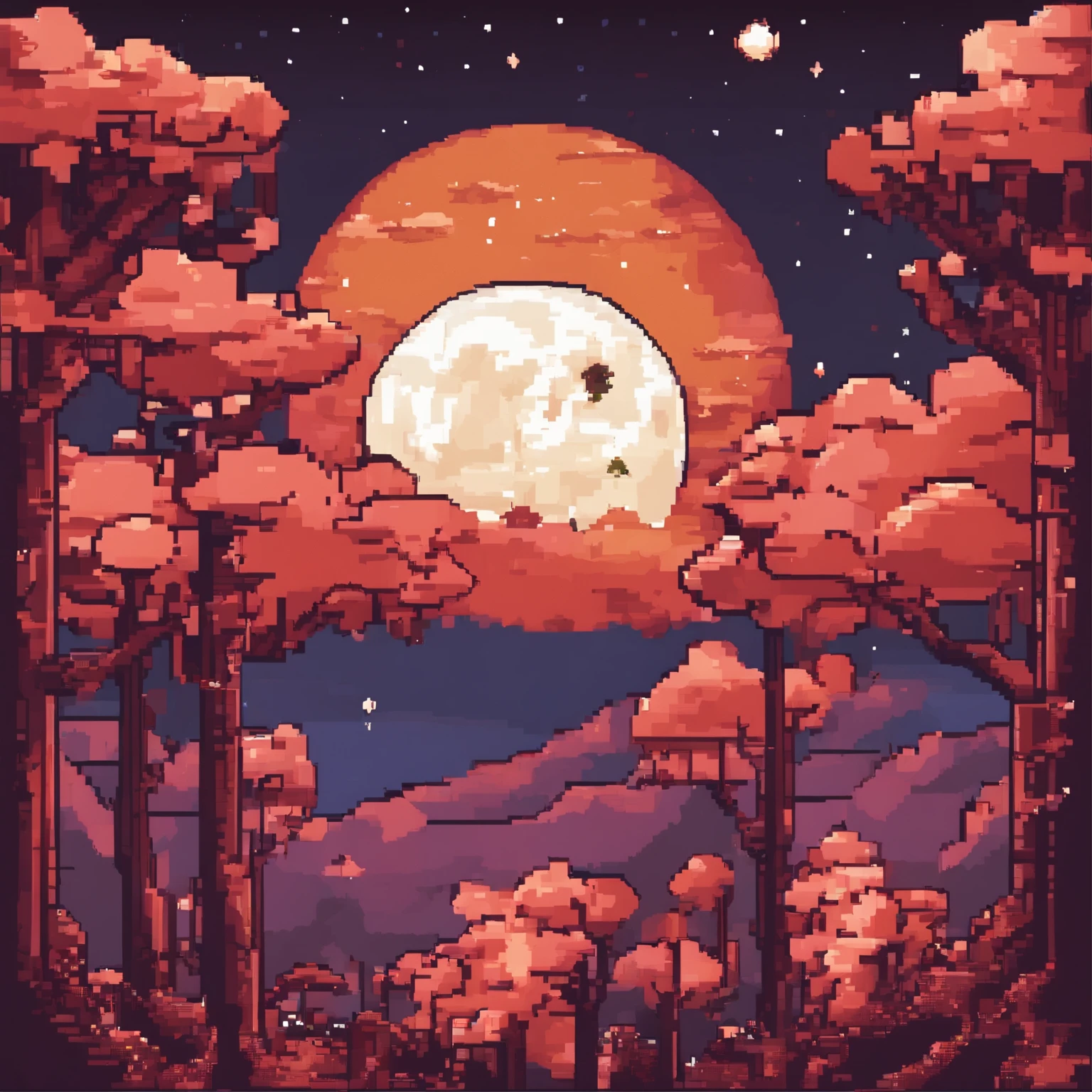 Starry Sky,Clouds,Trees,Warm colored moon,Featuring a reddish-brown panda