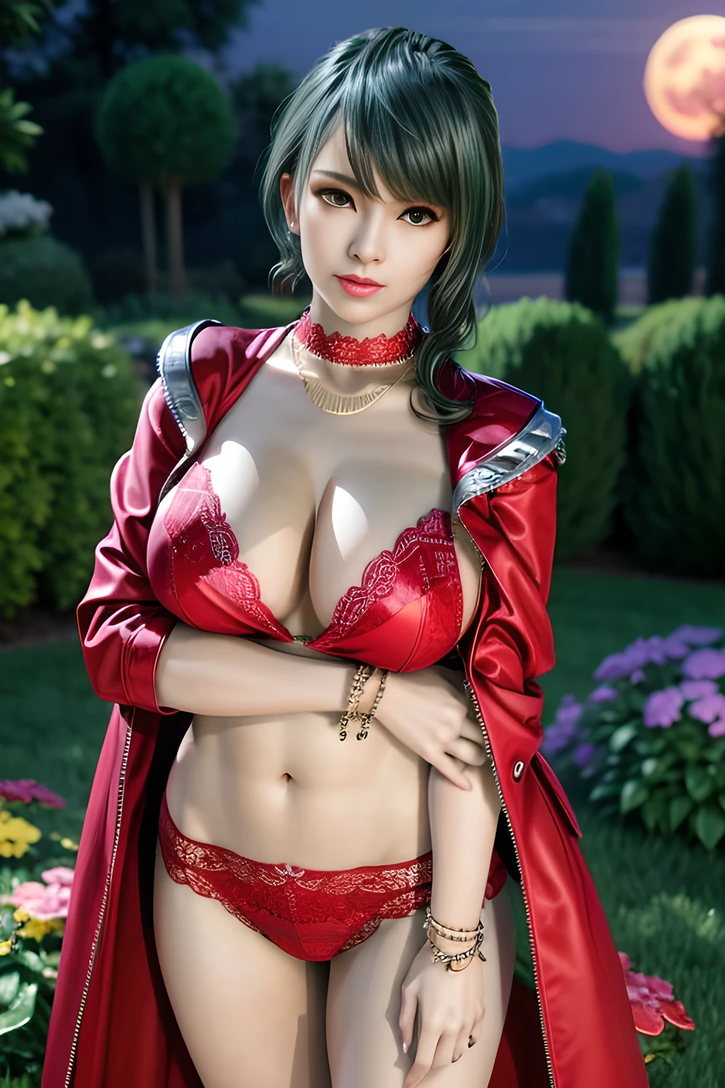 1 girl,lean over WINK, (Wearing Jewel:1.2) ,( red lace_coat),(Fluffs :1.2),（mother-of-pearl chain:1.4), garden,nighttime,moon,( huge breasts:1.1),cleavage,shiny skin,lip gloss,tattoos, masterpiece, best quality, realistic ,Surrealism,Rich artistic colors,natural colors art in 8k,3D,Portrait art,solo, tamaki