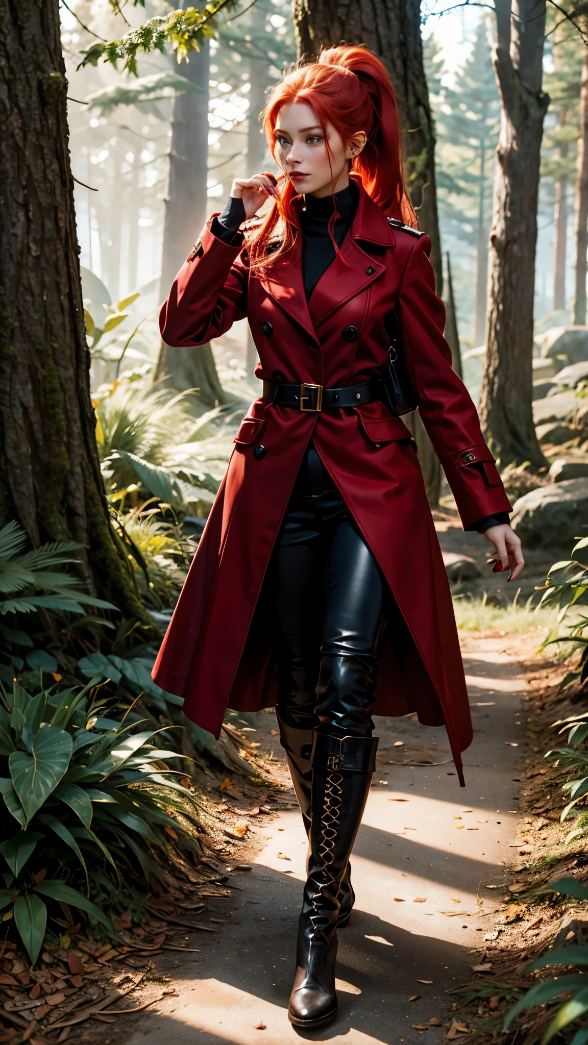 A beautiful redhead with a ponytail, in elegant black boots, elegant, beautiful female red coat, red painted nails, blue eyes, Beautiful woman, Forest, 4k