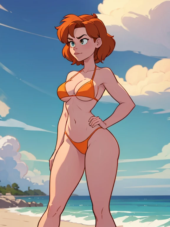 Annie Hughes, standing at attention, tight bikini, arms relaxed
