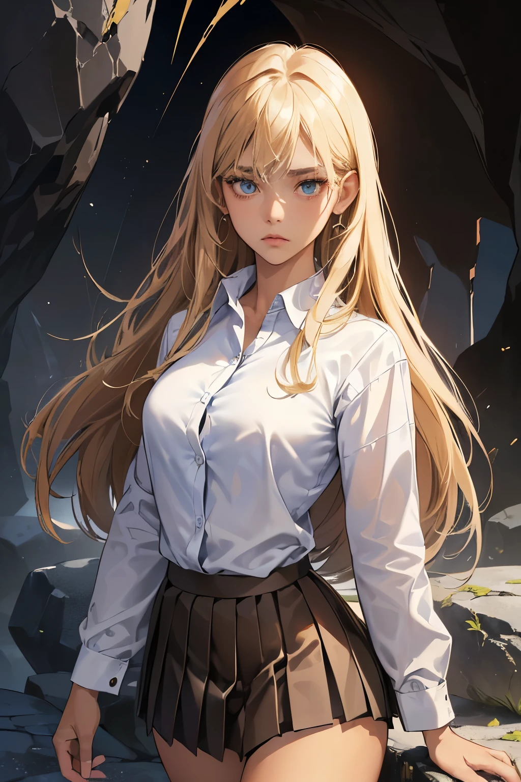 (absurdres, highres, ultra detailed),Masterpiece,intricate details,Best quality,8k,Realistic face,anime girl,Realistic skin texture,magnified textures, stunning clarity, ultra detailed eyes and faces,15 years old girl(((night,midnight))),((cave)),((Perfect Anatomy:1.2,(High school girl beautiful girl,Japanese,((Beautiful and exquisite face and eyes:1.2,Big beautiful eyes:1.0,)),Blonde,Long Hair,normal breasts,((slim body type)),(brown Skin:1.8),,Dark blue blazer jacket、((White Shirt)),,(prostitution),Underground City,(lonely),((sad))、(Apathy)、downer feeling,((Expressionless)(satin bra:1.2)、(Satin panties),Checkered pleated mini skirt,opened shirt,look at viewer,intense eyes,from front,from avove,cowboy shot、stone bullet、petrifying gaze、sandstorm conjuring、shimmering aura