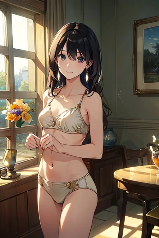 lifelike, 45mm, Super detailed, natural skin texture, Surrealism, There is a lovely woman, light brown hair, thin:1.3, small:1.3, Bikini, seduct smile, This pose is so cute and beautiful, The background is a traditional room, surrounded by warm and inviting colors. (flower), the room uses soft and soft lighting, Creates a romantic atmosphere. The warm tones and textures of the furniture and fabrics add a touch of comfort to the scene. Overall image quality reaches the highest standards, emphasizing ultra-detailed rendering and photorealistic effects. Vibrant colours, the lighting is soft and dynamic, enhancing the depth and dimensionality of the scene. [lifelike lighting], [vivid colors] and [soft and shadows] Contributes to overall visual appeal. The composition and framing of the scenes are carefully crafted and this is a masterpiece depicting the essence of romance with utmost realism and artistic skill.