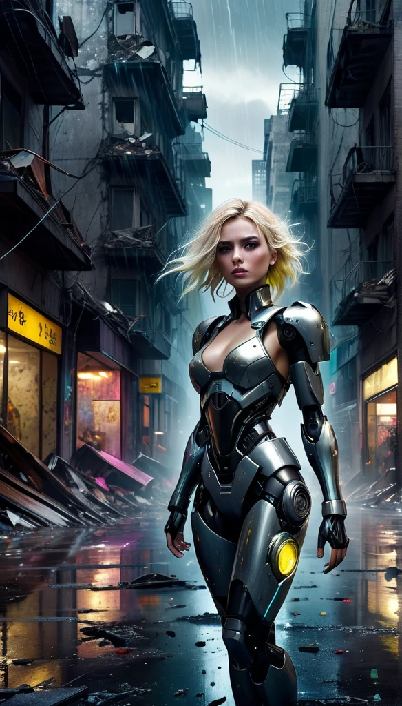 (best quality,4k,8k,highres,masterpiece:1.2),ultra-detailed,(realistic,photorealistic,photo-realistic:1.37),platinum blonde woman,robotic destroyed city,expressive eyes,well-detailed face,shimmering robotic exoskeleton,artistic interpretation of a devastated city,surreal landscape,neon lights reflecting on wet pavement,ominous dark clouds looming over the city,piles of rubble and debris,cracked buildings and broken windows,post-apocalyptic atmosphere,abandoned vehicles and scattered wreckage,smoke and dust swirling in the air,desolate streets with overgrown vegetation,glimmers of hope amidst the destruction,splashes of vibrant colors in an otherwise dark and desolate scene,imposing and grandiose ruins,contrasting textures of metal and nature,reflection of the woman's determination and strength against the backdrop of chaos and destruction,blurred motion from the woman's actions,creating a sense of dynamism and energy,gritty and moody ambiance,mysterious and enigmatic atmosphere,sci-fi cyberpunk elements,sparkling rain and dripping water,unforgettable and haunting imagery.