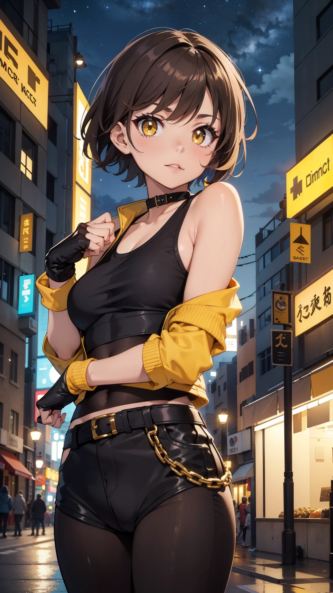 street dancer, short hair, brown hair, yellow glowing eyes, perfect lips, cute expression, cute face, cute pose, fingerless gloves, gun, tank top, jacket, cute pose, ultra detailed face, long eyelashes, sharp eyes , Fullbody shot, dinamic viewer, night sky