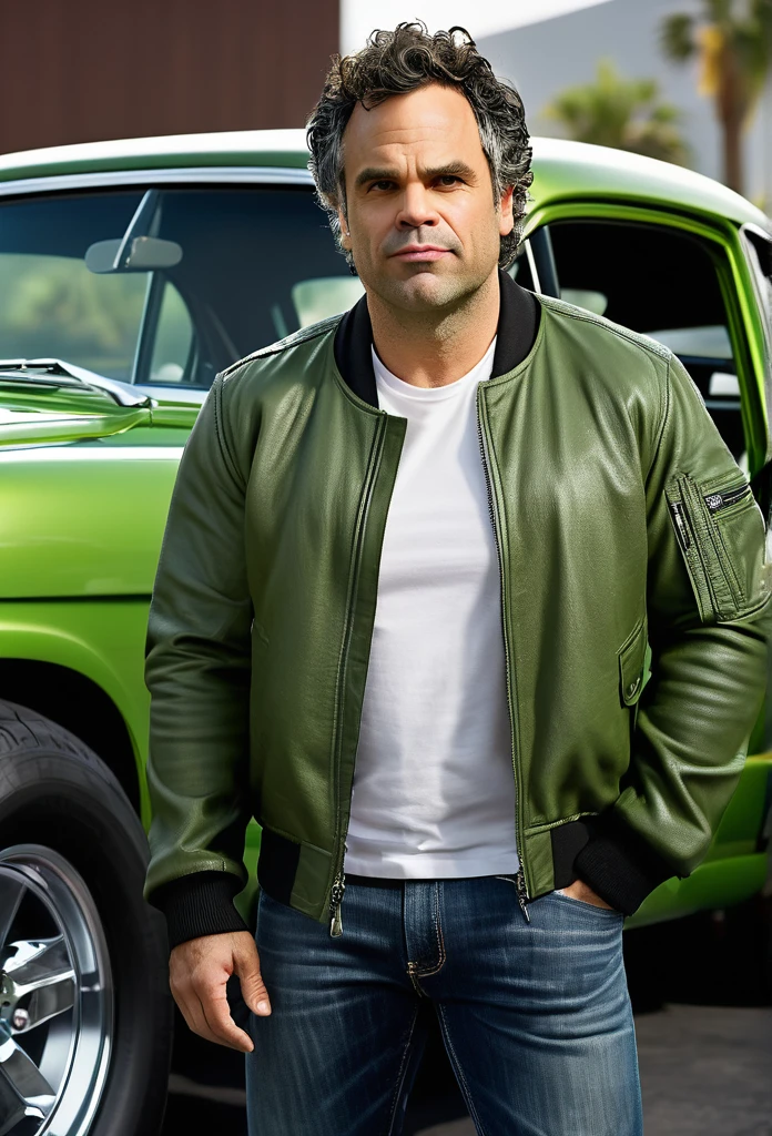 a Satire Photorealistic Picture of Mark Ruffalo as Hulk donning Casual Outfit, a bomber jacket, t-Shirts, jeans and sneakers hosting a hilarious Car Show Program Top Gear, insanely detailed and intricate carshow studio properties, detailed and perfect face, masterpiece professional cinematic photo soot