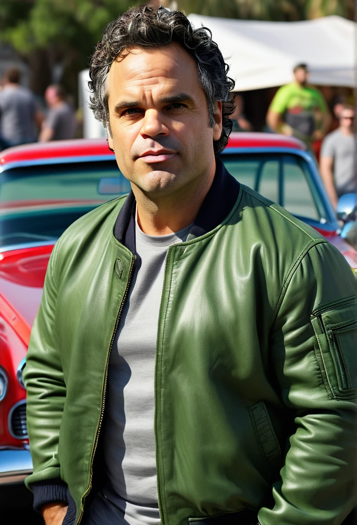 a Satire Photorealistic Picture of Mark Ruffalo as Hulk donning Casual Outfit, a bomber jacket, t-Shirts, jeans and sneakers hosting a hilarious Car Show Program Top Gear, insanely detailed and intricate carshow studio properties, detailed and perfect face, masterpiece professional cinematic photo soot