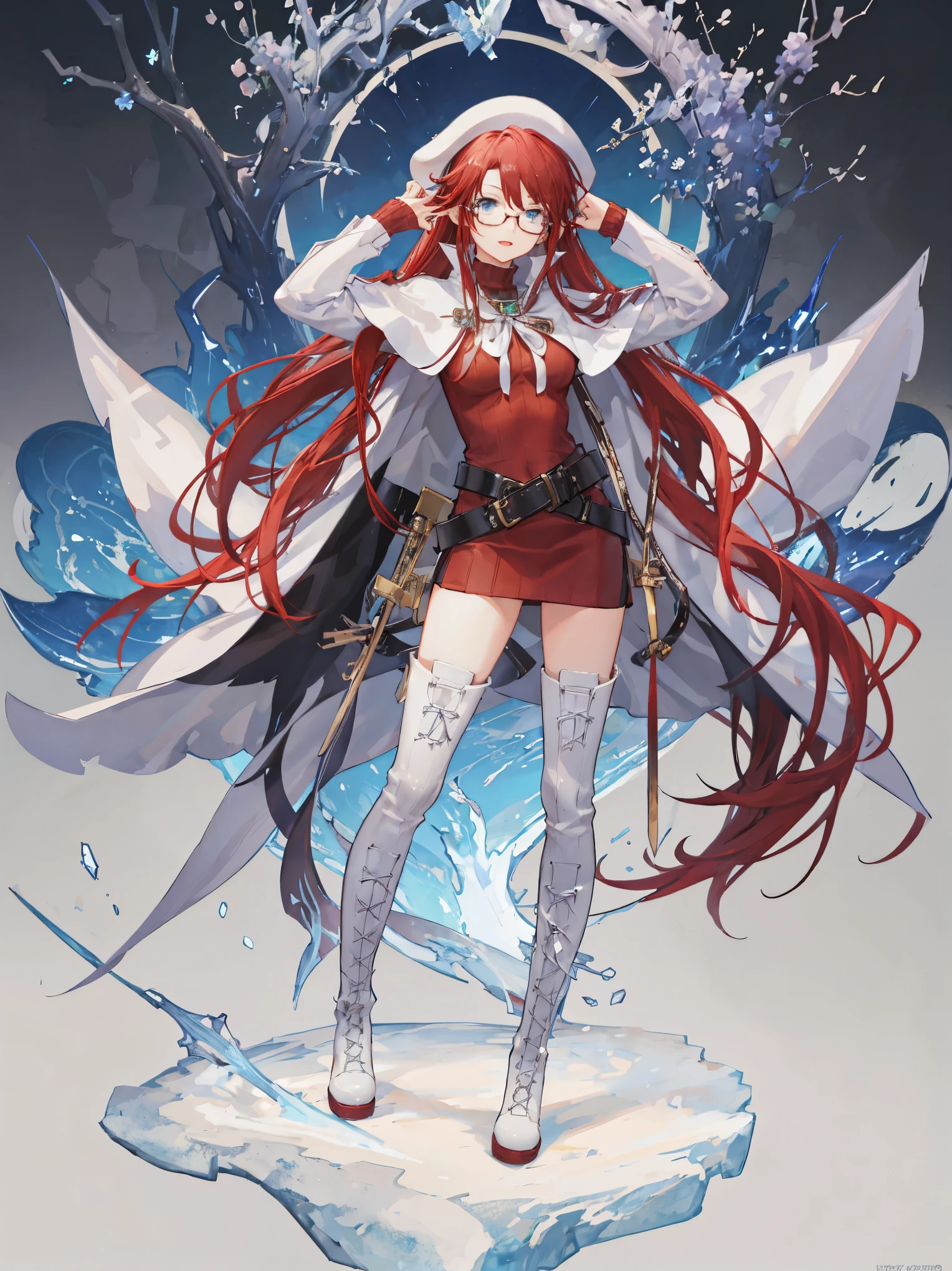 summonnightaty, aty, long hair, blue eyes, red hair, beret, hat, glasses,
BREAK long hair, thighhighs, hat, dress, boots, glasses, belt, cape, sweater, zettai ryouiki, beret, thigh boots, white footwear, ribbed sweater, loose belt,solo,
BREAK outdoors, fantasy,on_a_ship,
BREAK (masterpiece:1.2), best quality, high resolution, unity 8k wallpaper, (illustration:0.8), (beautiful detailed eyes:1.6), extremely detailed face, perfect lighting, extremely detailed CG, (perfect hands, perfect anatomy),covered_nipples,covered_navel,light_smile ,(half_eyes:1.4),long_sword,edge,armpit,sleepy,dynamic_standing,red_sweater,apart_legs,magical_effect,pulmp,big_tits,light_open_mouth,prepare_a_sword