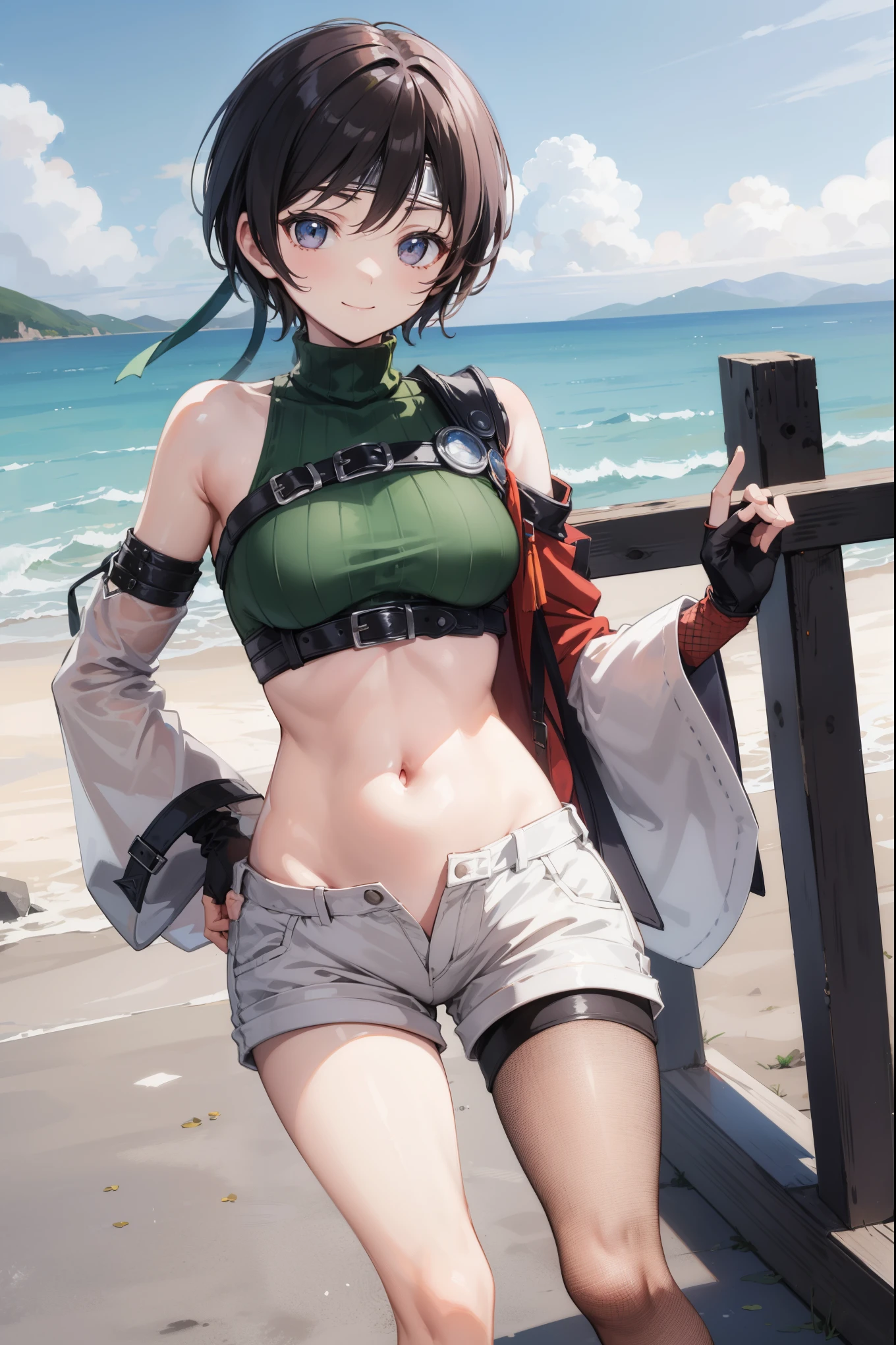 yuffiekisaragi, Yuffie Kisaragi,Haircuts, pixie cut,
壊す crop top, fingerless gloves, fishnet Thighhighs, fishnet, forehead protector, gloves, head band, belly button, short shorts, shorts, single sleeve, single thigh high, No sleeve, No sleeve turtleneck, Thighhighs, turtleneck,
bench、blue sky、smile, solo,rising_leg ,apart_legs
